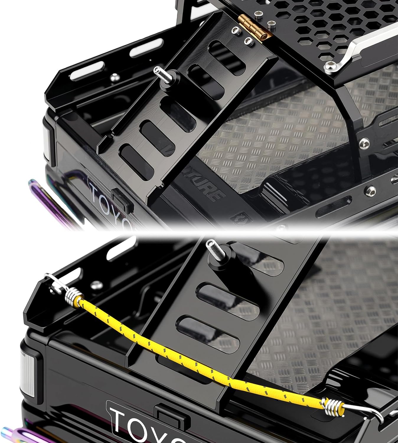 Aluminum Bed Rack & Spare Tire Carrier & Anti-Skid Plate Board with Colored Reflective Luggage Rope Set for HPI Venture18 Upgrade