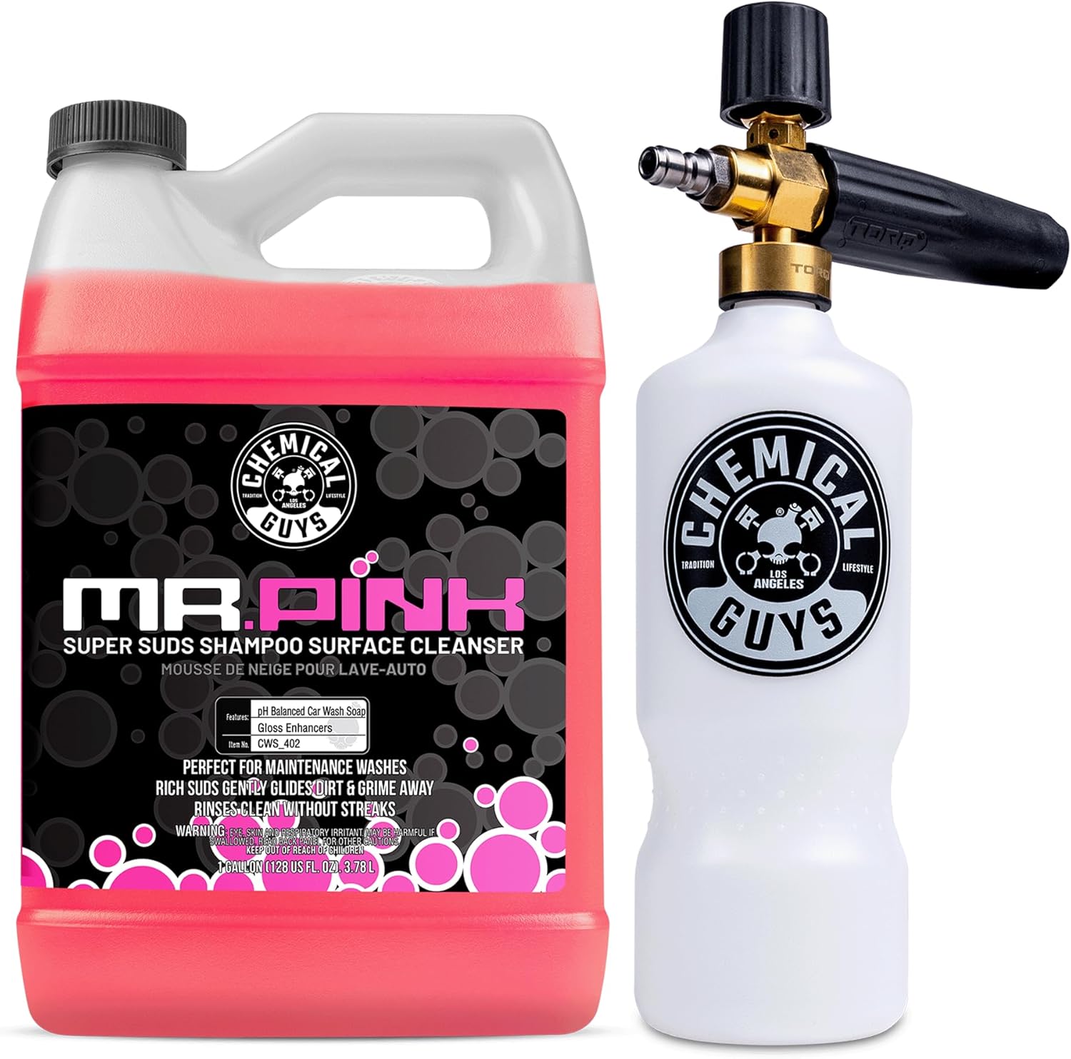 Chemical Guys CWS_402 Mr. Pink Super Suds Shampoo & Superior Surface Cleaning Soap, 128 fl oz (1 Gallon) + HOL144 TORQ Foam Cannon Snow Foamer , Works With Pressure Washer (2 Items)