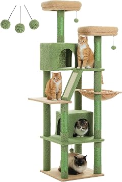 PETEPELA Tall Cat Tree 70.9", Large Cat Tree for Indoor Cats, Multi-Level Plush Cat Condo with 6 Scratching Posts, 2 Scratching Boards, 2 Perches, 2 Caves, Hammock, 2 Pompoms Green