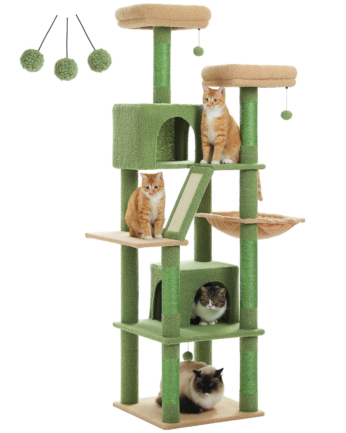 PETEPELA 180cm Kaktus Kratzbaum groß, Multi-Level Katzenbaum für große Katzen, mit 6 Sisalsäule, 2 Kratzbrettern, 2 Plattformen, 1 Hängematte, 2 Spielbälle,grün