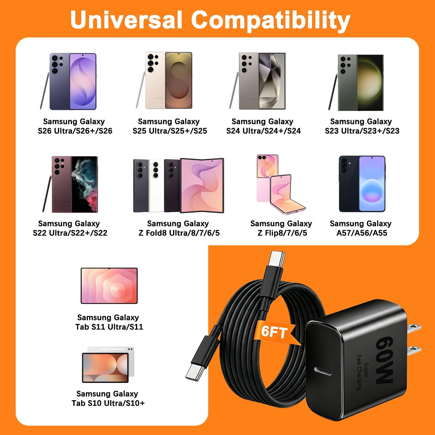 60W USB C Super Fast Charger for Samsung,USB C Android Phone Charger Fast Charging Block with 6FT Type C Charger Cable for Samsung Galaxy S26 Ultra/S26+/S25/S24/S23/S22/Z Fold8 Ultra/Z Flip8,Tab S11 5 71zRPBpL9mL. AC SL1500