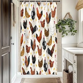 Rustic Chicken Shower Curtain Set Rural Cottage Pastoral 3D Animals Theme Bathtub Curtains Rustic Vintage Farmhouse Bathroom Decor Machine Washable Waterproof Polyester Fabric with Hooks 48x72 Inch