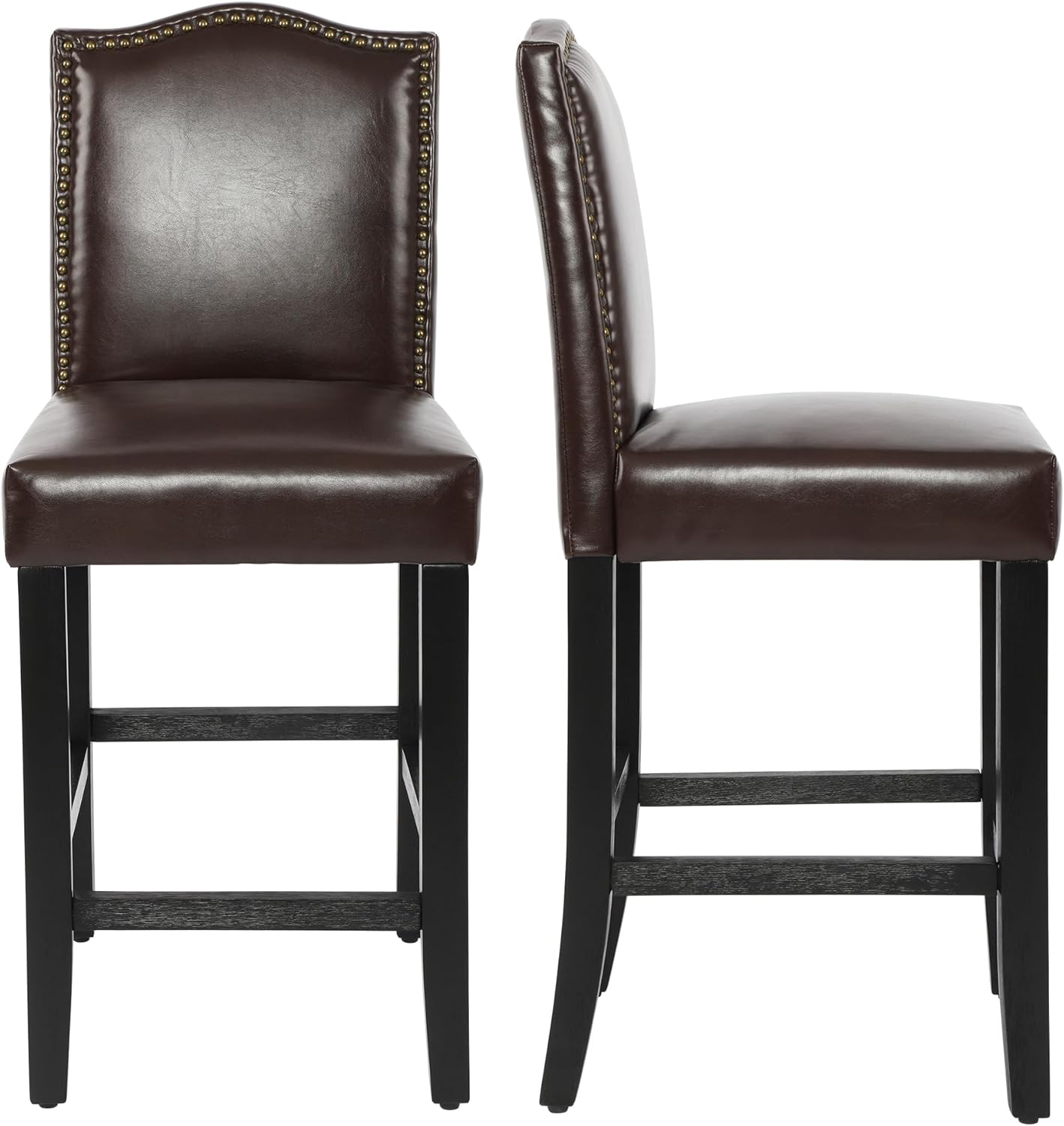 LSSPAID Counter Height Bar Stools Set of 4, 24.8 Inch Pu Upholstered Barstools, Kitchen Island Chairs with Bronze Nail Backrest and Solid Wood Legs for Kitchen Pub Home Cafe, Brown