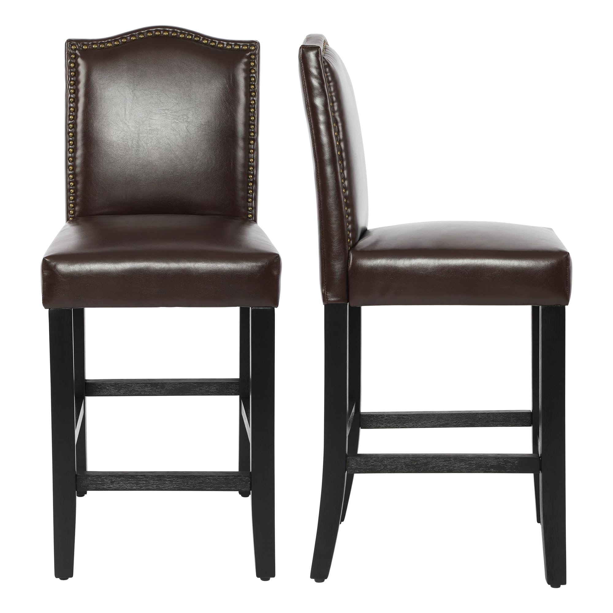 LSSPAID Counter Height Bar Stools Set of 2, 24.8 Inch Pu Upholstered Barstools, Kitchen Island Chairs with Bronze Nail Backrest and Solid Wood Legs