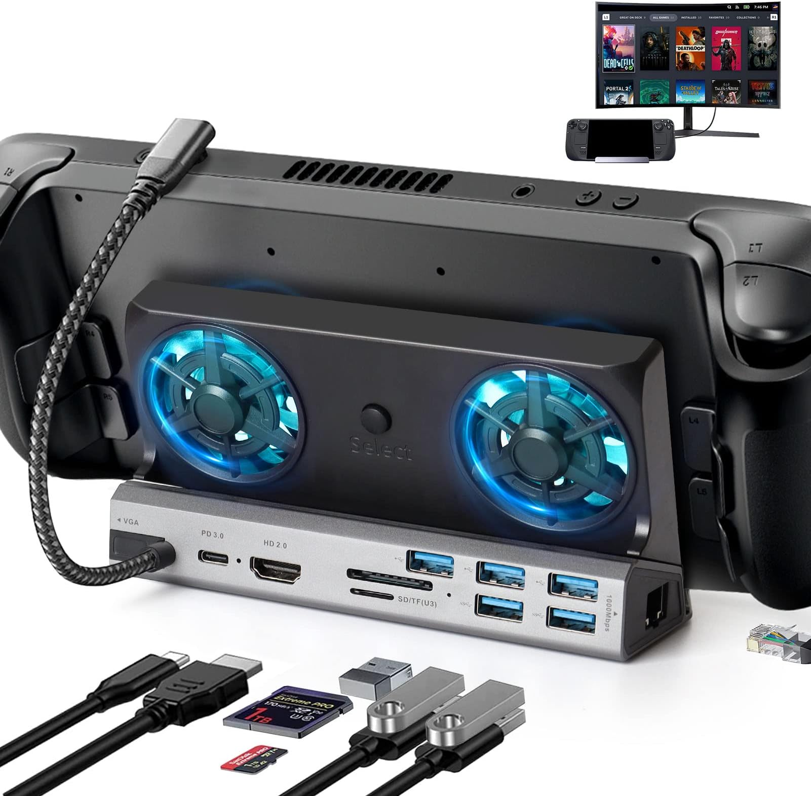 Steam Deck Dock with Dual Cooling Fans, 10-in-1 Steam Deck Docking Station with SD/TF Card Slot, HDMI 2.0 4K@60Hz, 5 USB Ports, Gigabit Ethernet, USB-C PD3.0 Charging Port, Made for Valve Steam Deck