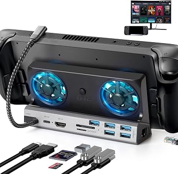 Steam Deck Dock with Dual Cooling Fan, 10 in 1 Steam Deck Docking Station with SD/TF Card Slot, HDMI 2.0 4K@60Hz, 5 USB Ports, Gigabit Ethernet, USB-C PD3.0 Charging Port, Valve Steam Deck