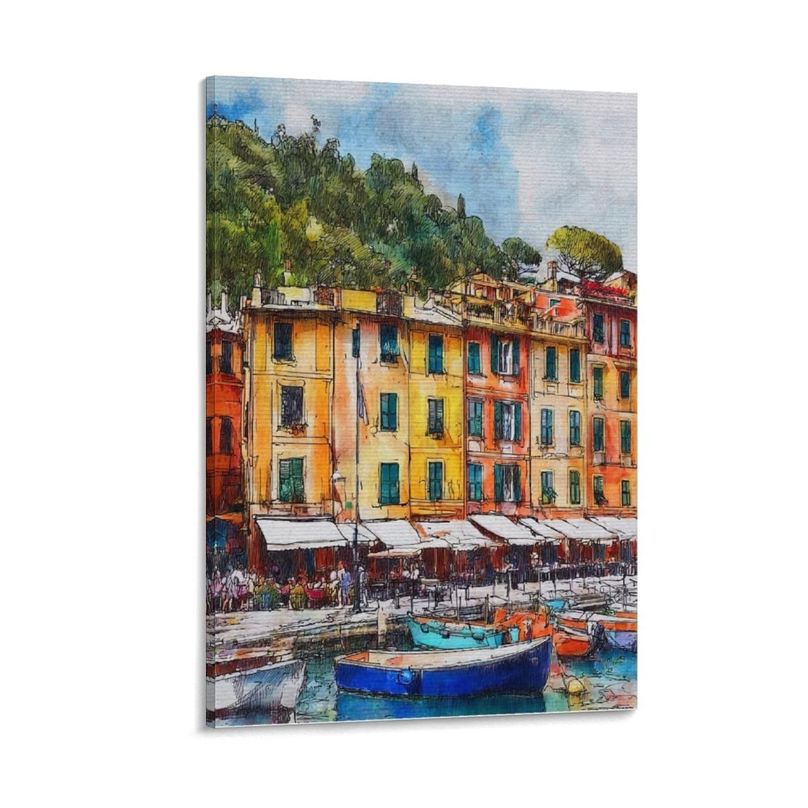 Cnaheiz Frame-Style Portofino Italy 08X12inch(20X30cm) Vintage Travel Poster Watercolor Canvas Art