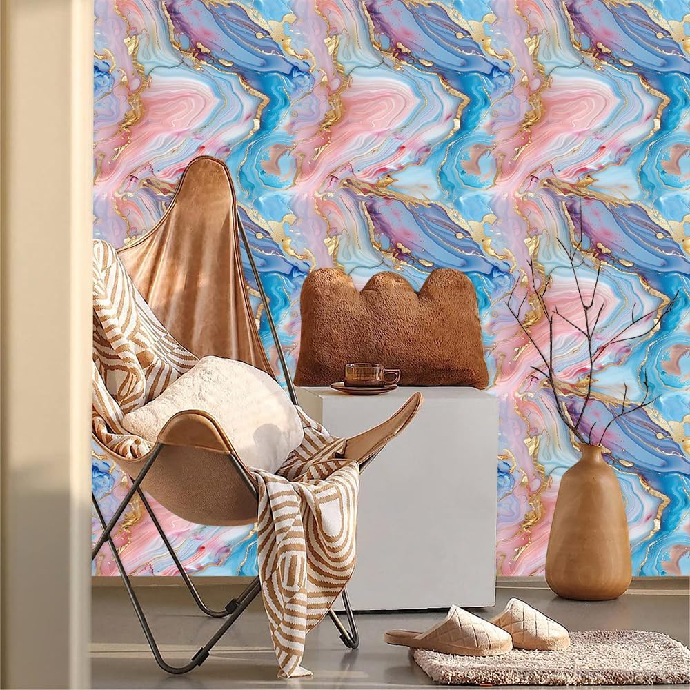 Modern Pink Blue Yellow Marble Abstract Colorful Peel and Stick Wallpaper Contact Paper Vintage Vinyl Stick on Wall Paper for Bedroom Bathroom Kitchen Cabinet Renter Friendly