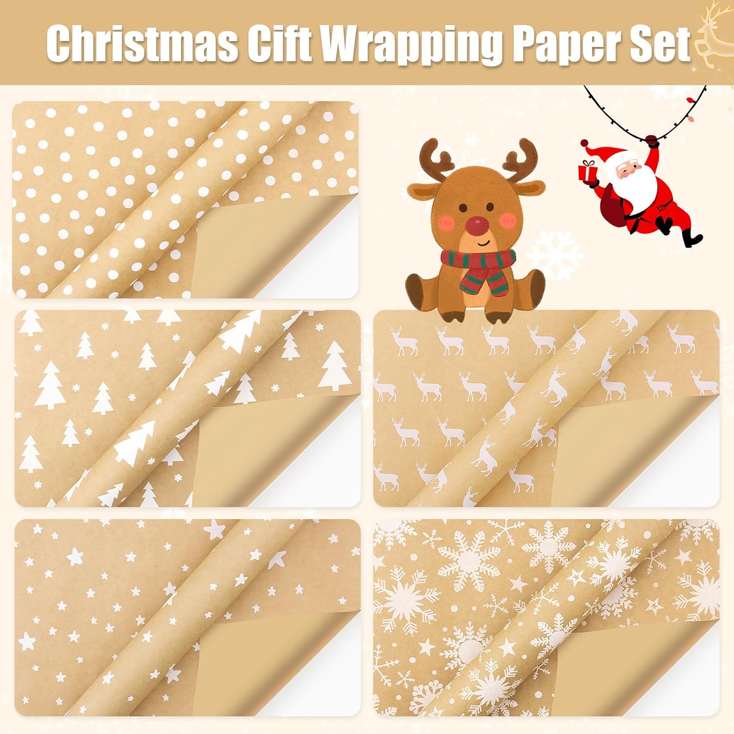 5 x Christmas Gift Wrap Paper Rolls, Holiday Wrapping Paper Set, 5 Rolls 44 cm x 3 m Christmas Wrap Paper, Natural Kraft Paper, Recyclable for Christmas, Party, Festive Decorations