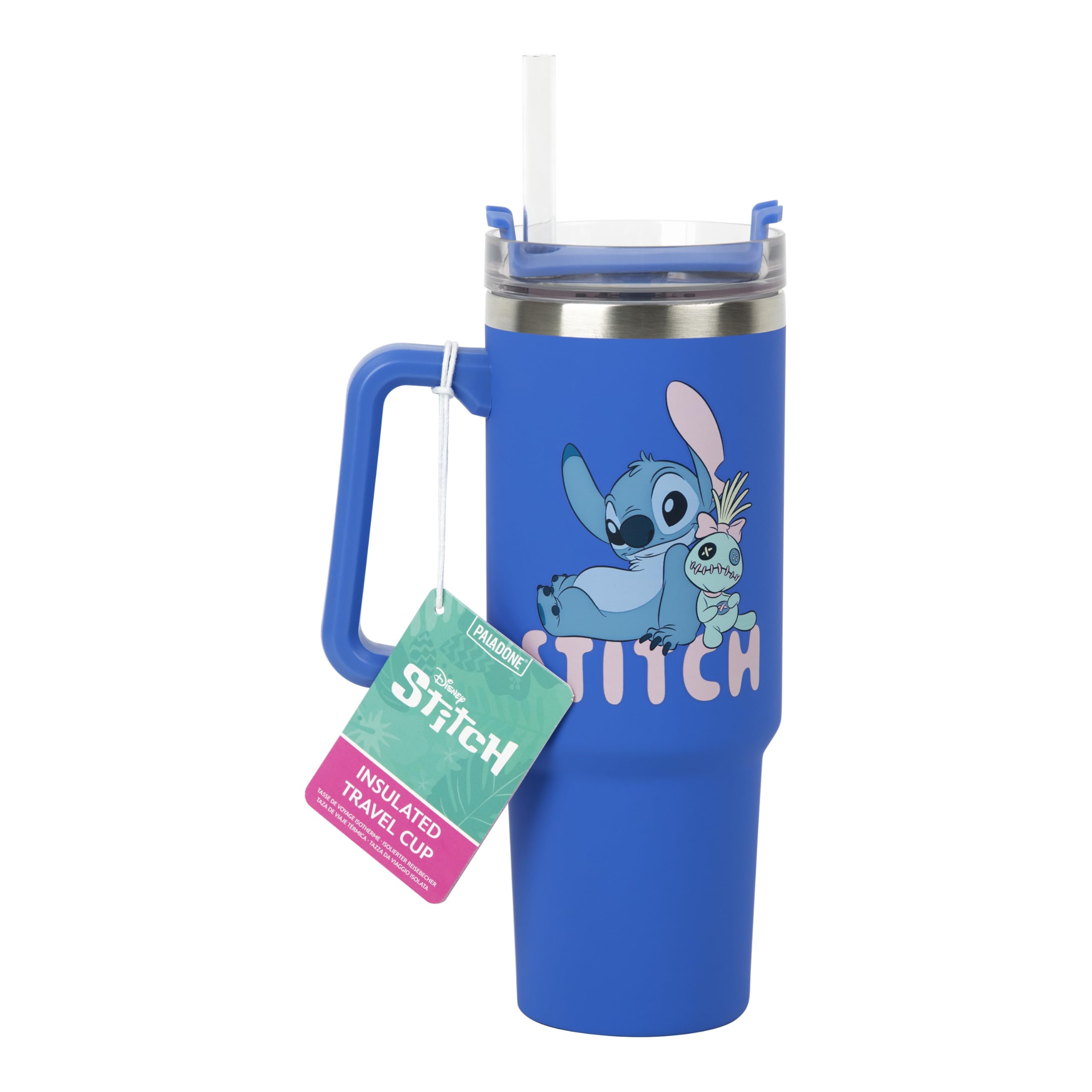 Paladone Disney Stitch-Thermobecher mit Strohhalm, 900 ml, blau, offiziell lizenzierter Quencher mit Griff für Eistee oder Kaffee, Popkulturartikel für Fans