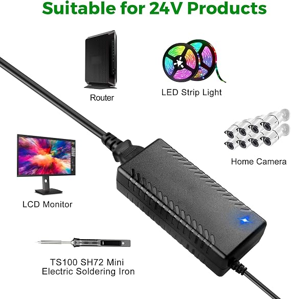 24V 3A 72W Power Supply Adapter AC 100-240V to DC 24 Volt 3 Amp Converter Transformer 5.5x2.5mm Plug for TS100 SH72 Mini Electric Soldering Iron/LED Strip Light/CCTV Security System/LCD Monitor
