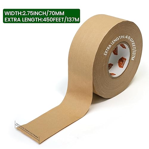 Miniatura 8 de Cinta de embalaje reforzada con agua de 2.75 pulgadas x 450 pies, repuesto de cinta ecológica de goma kraft marrón para envío resistente, mudanza