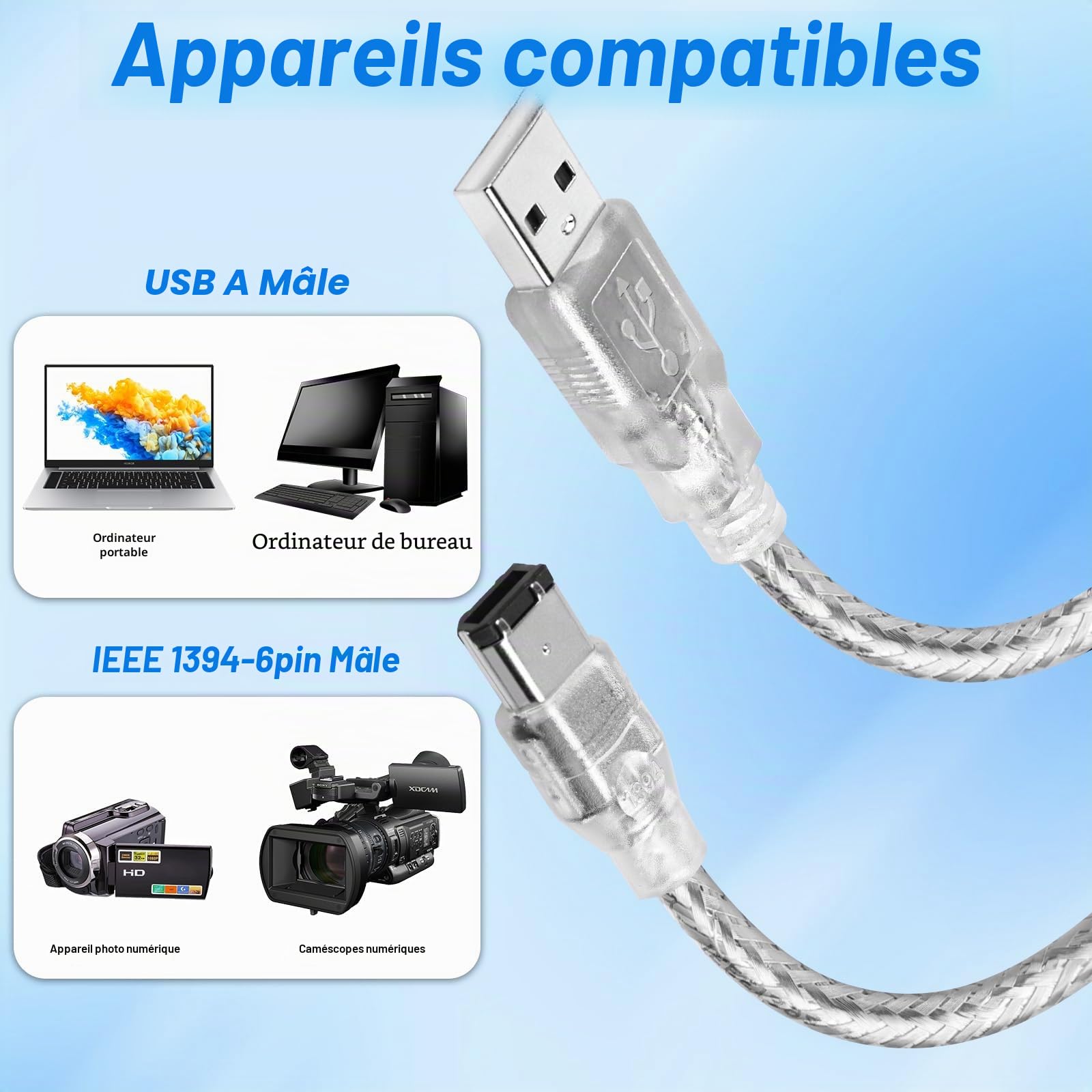Herfair Câble USB vers mâle 6 broches, adaptateur de transfert de données, convertisseur iLink FireWire 400 DV pour ordinateur portable vers caméscope, caméra DV, 1,8 m