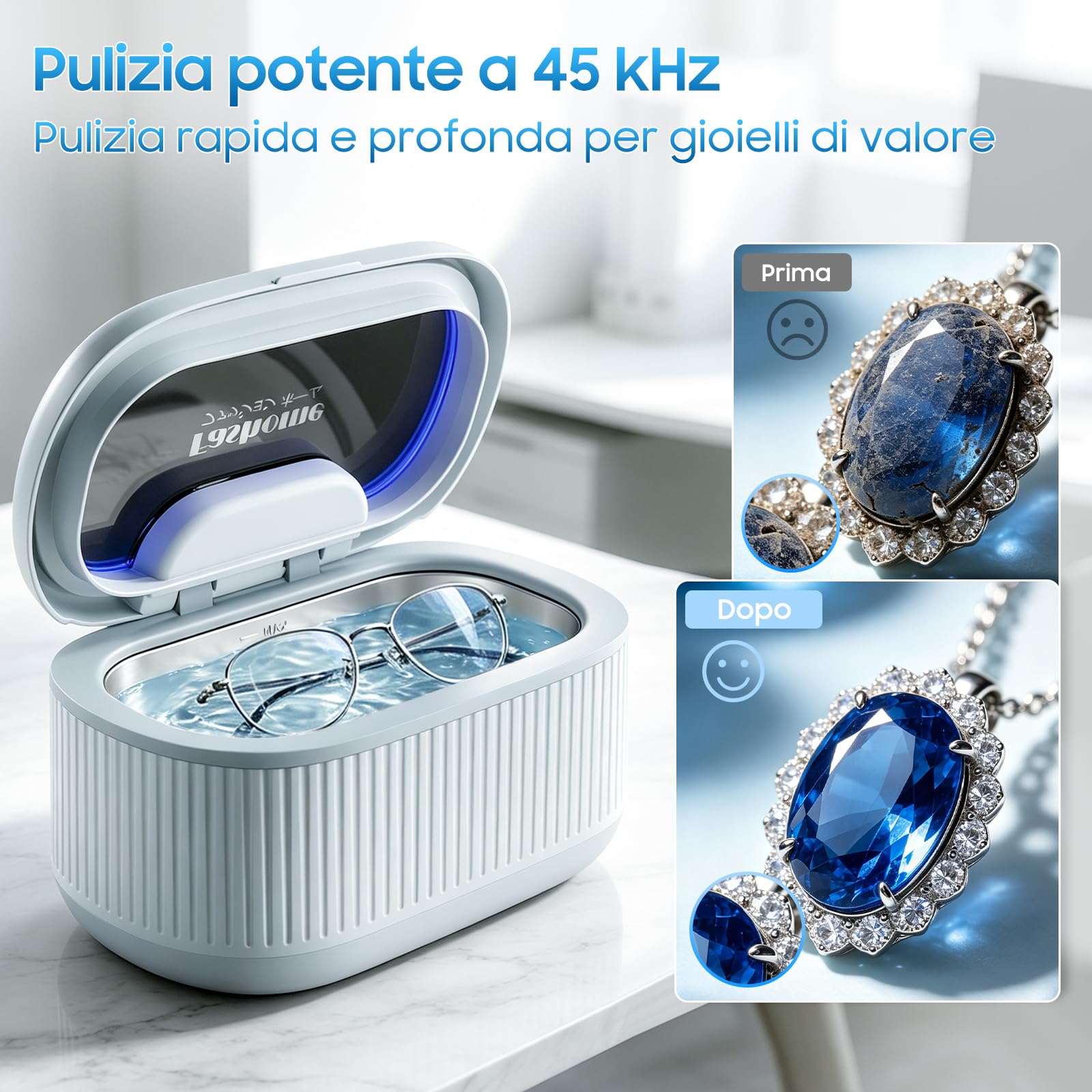 Fashome Pulitore Ultrasuoni con 2 flaconi di liquido detergente da 100 ml | 45 kHz, 3 modalità, serbatoio in acciaio inox da 550 ml, per gioielli, occhiali, orologi e protesi dentali, cestino per la