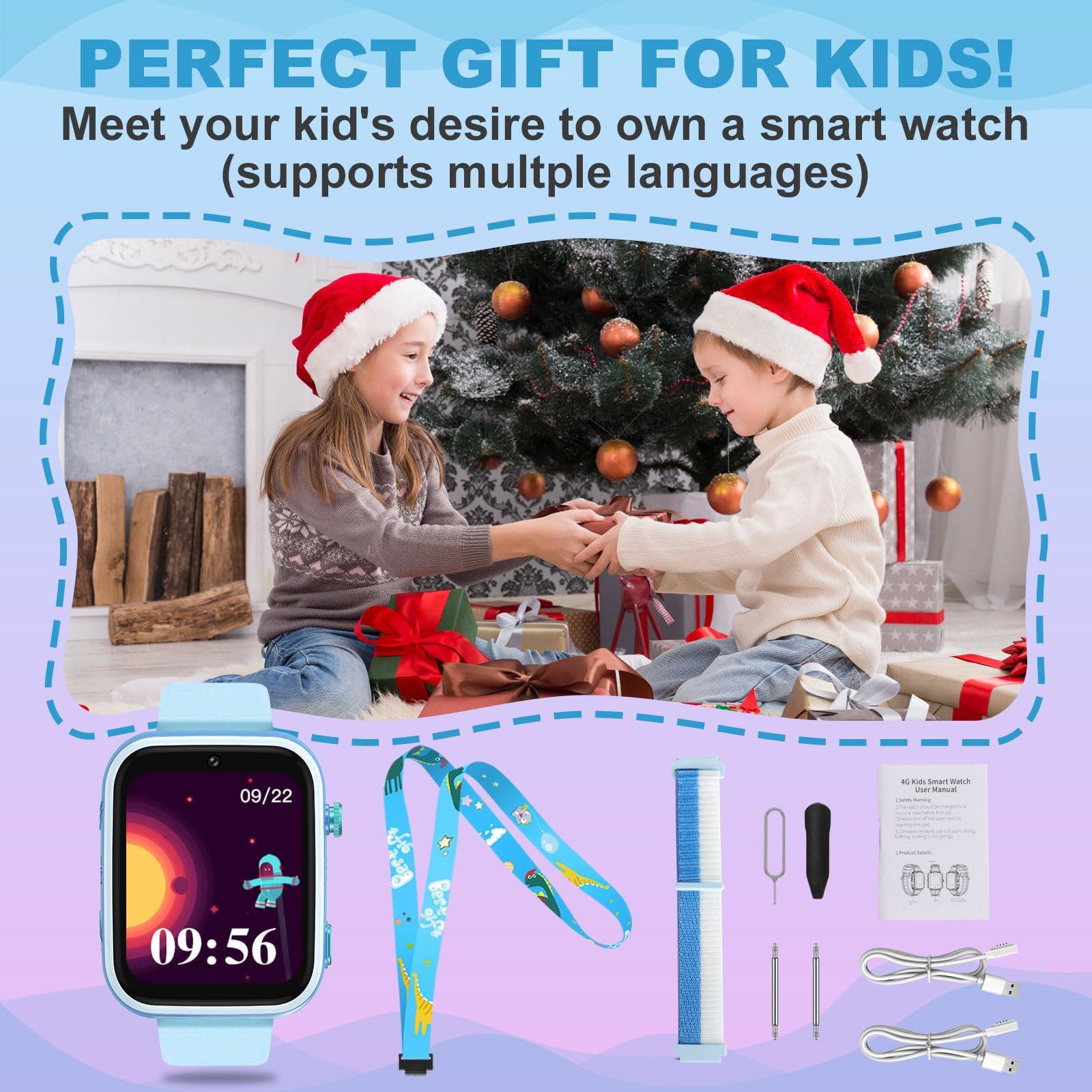 OKYUK Reloj inteligente para niños 4G, con GPS y teléfono, reloj de pulsera para niños, con llamada telefónica, mensajes, modo escolar, función SOS, cámara y podómetro (T45 azul)