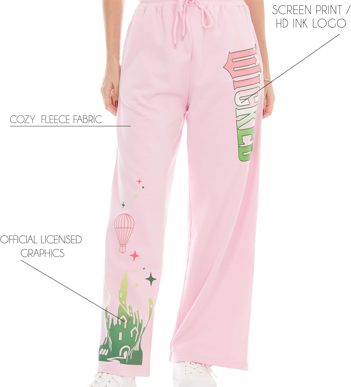 Wicked Womens Wicked Glinda & Elphaba Women’s, Ladies & Juniors Pink Wide-Leg Jogger Fleece Pant - Image 6