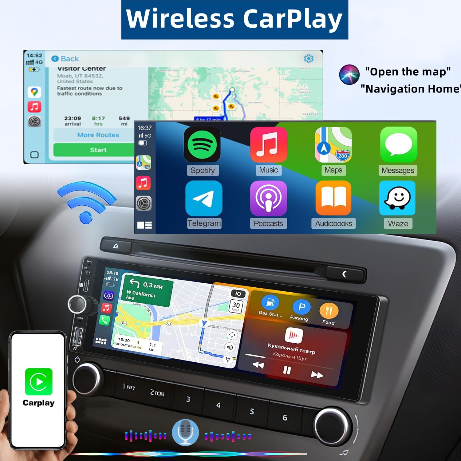 Wireless Autoradio CarPlay 1 DIN - 6.86 Pouces HD Ecran Tactile Radio Car Play sans Fil Soutien PhoneLink iOS/Android avec Caméra de Recul, RDS Radio FM/Type-C de Recharge/Mic/EQ/SWC