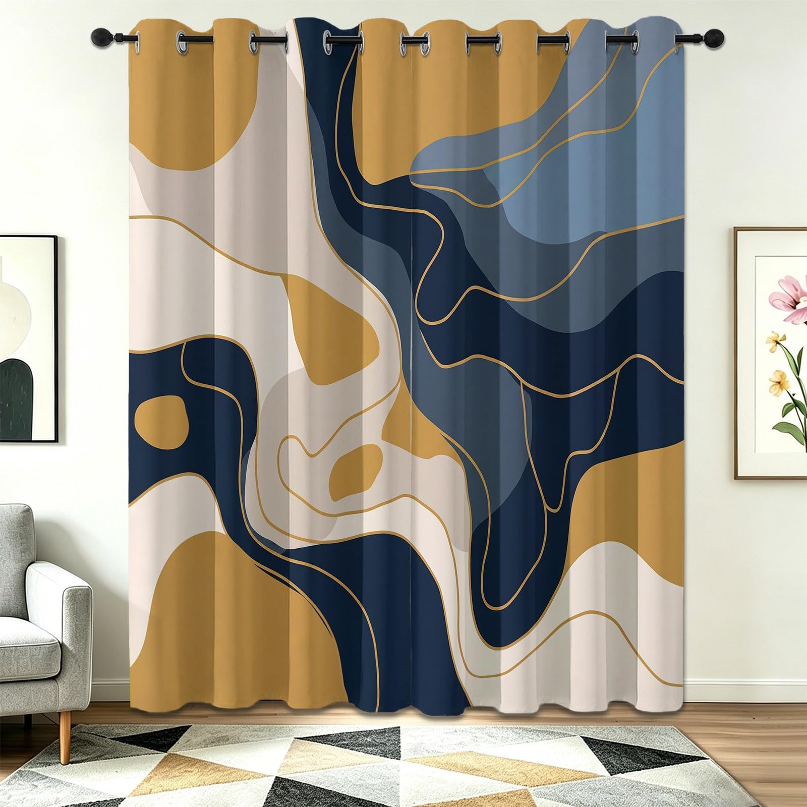 Rideau courbes dorées et effet marbre chic beige marron 110x215 cm