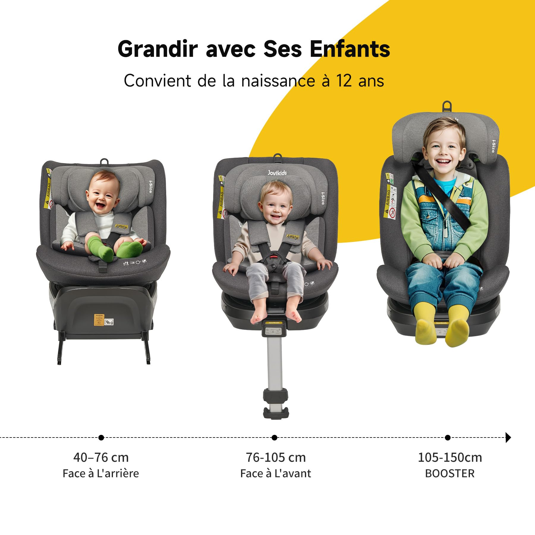 Siège Auto 360°i-Size avec ISOFIX, de 40 à 150 cm - Rotation à 360°, convient de la naissance à 12 ans, 12 réglages de tête et tissu lavable - la sécurité avant tout (Black)