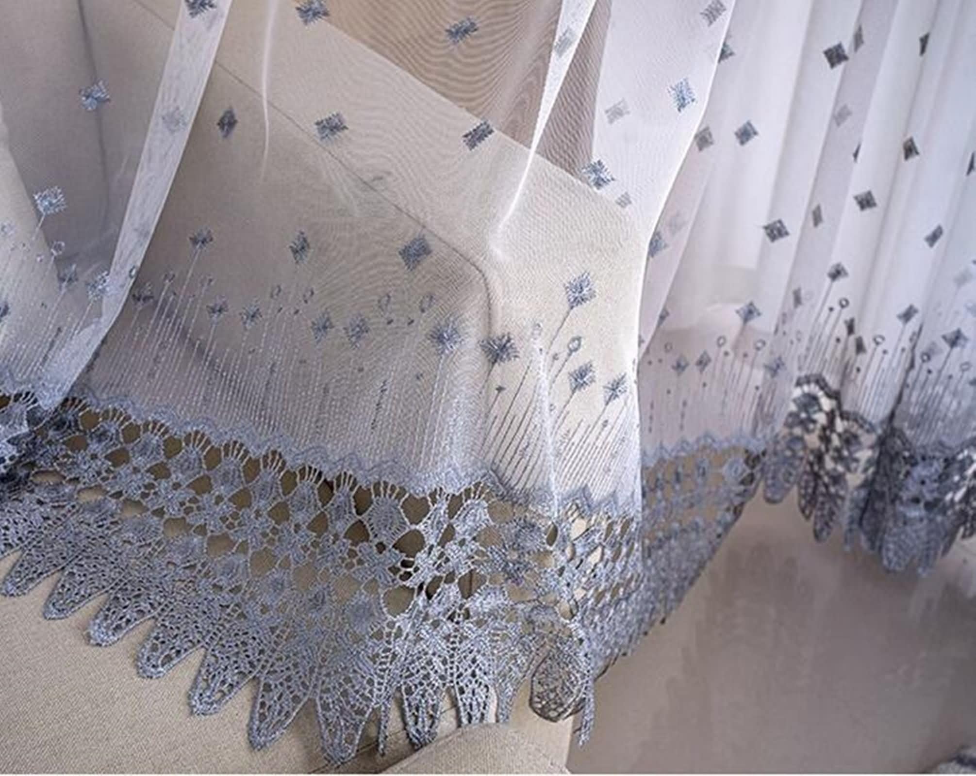 Rideau Voilage Gris Broderie, Dentelle à Crochets, 102x138cm, Lot de 2 Rideaux Chambre Moderne
