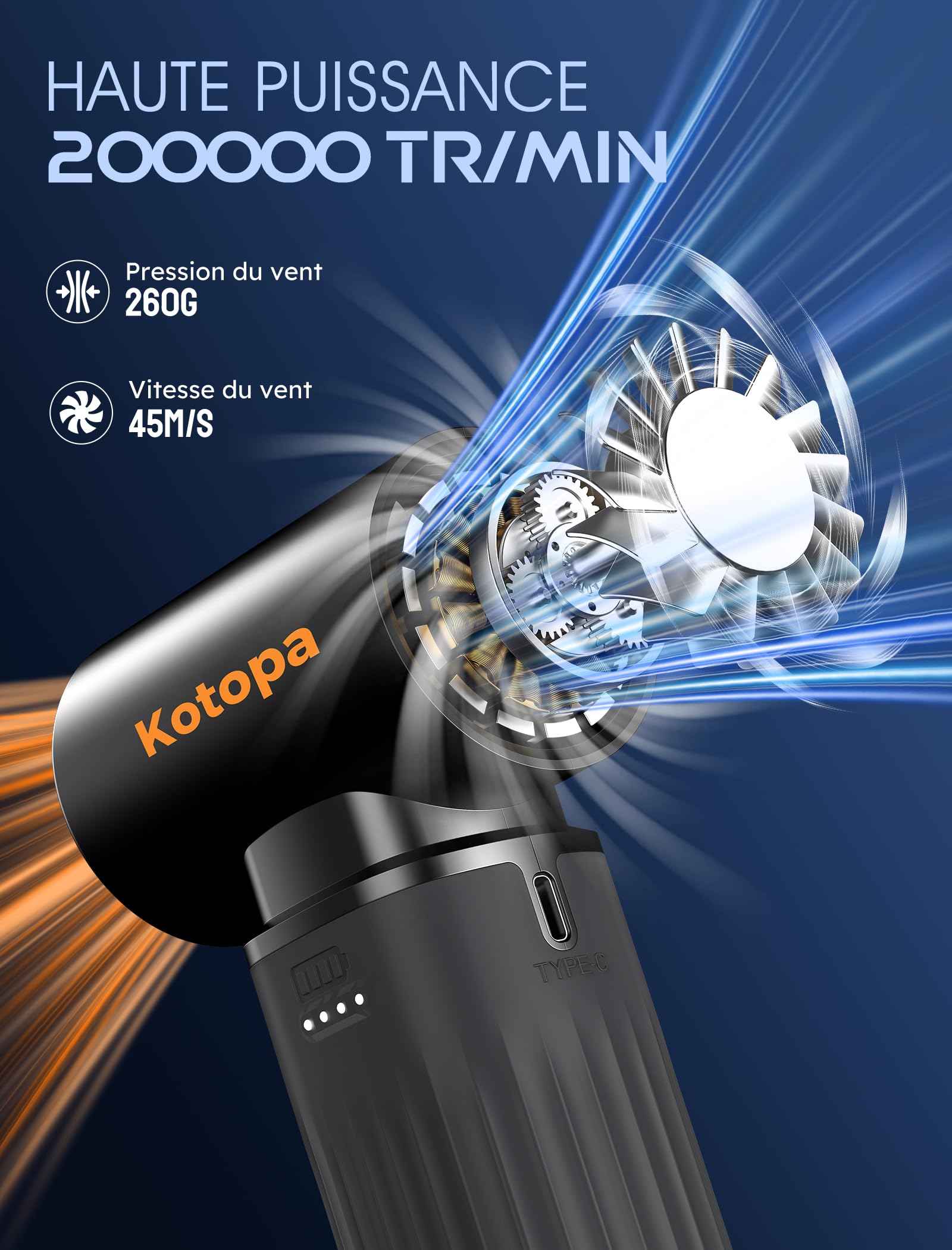 Kotopa Souffleur Air Comprimé, 3 Vitesses 200000 RPM, Mini Souffleur Sans Fil Puissant avec Batterie 8000 mAh, Adapté au Nettoyage des Ordinateurs, Claviers, Automobile et Extérieur (noir)