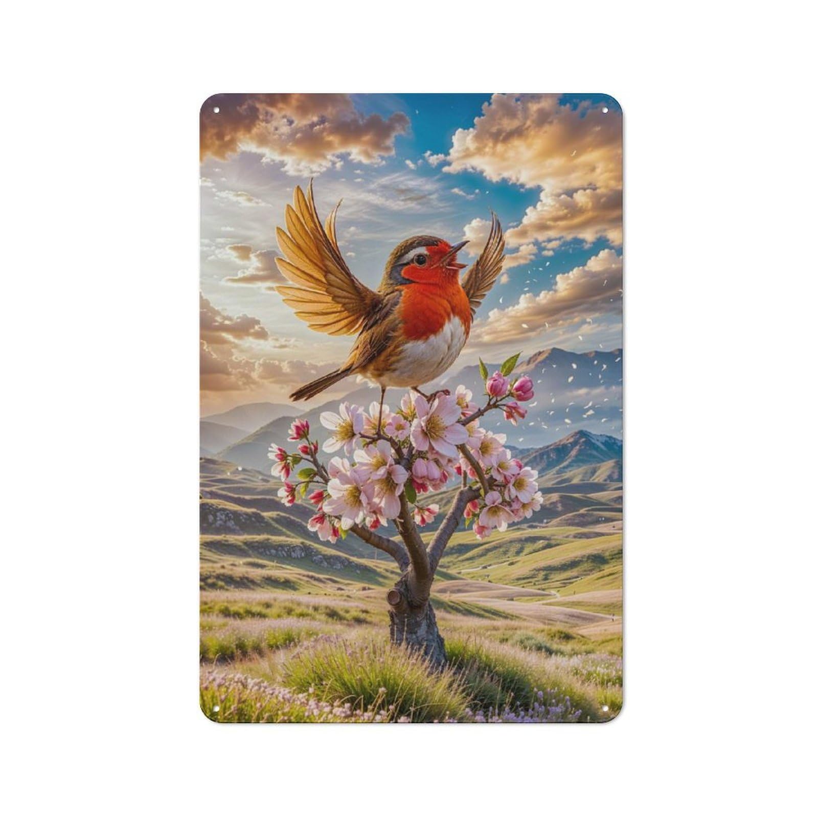 Junmoney Robin Singing In Spring Tin Sign 30X20cm For Living Room Wall, Rustic Wall Decor, For Living Room Decor Lovers