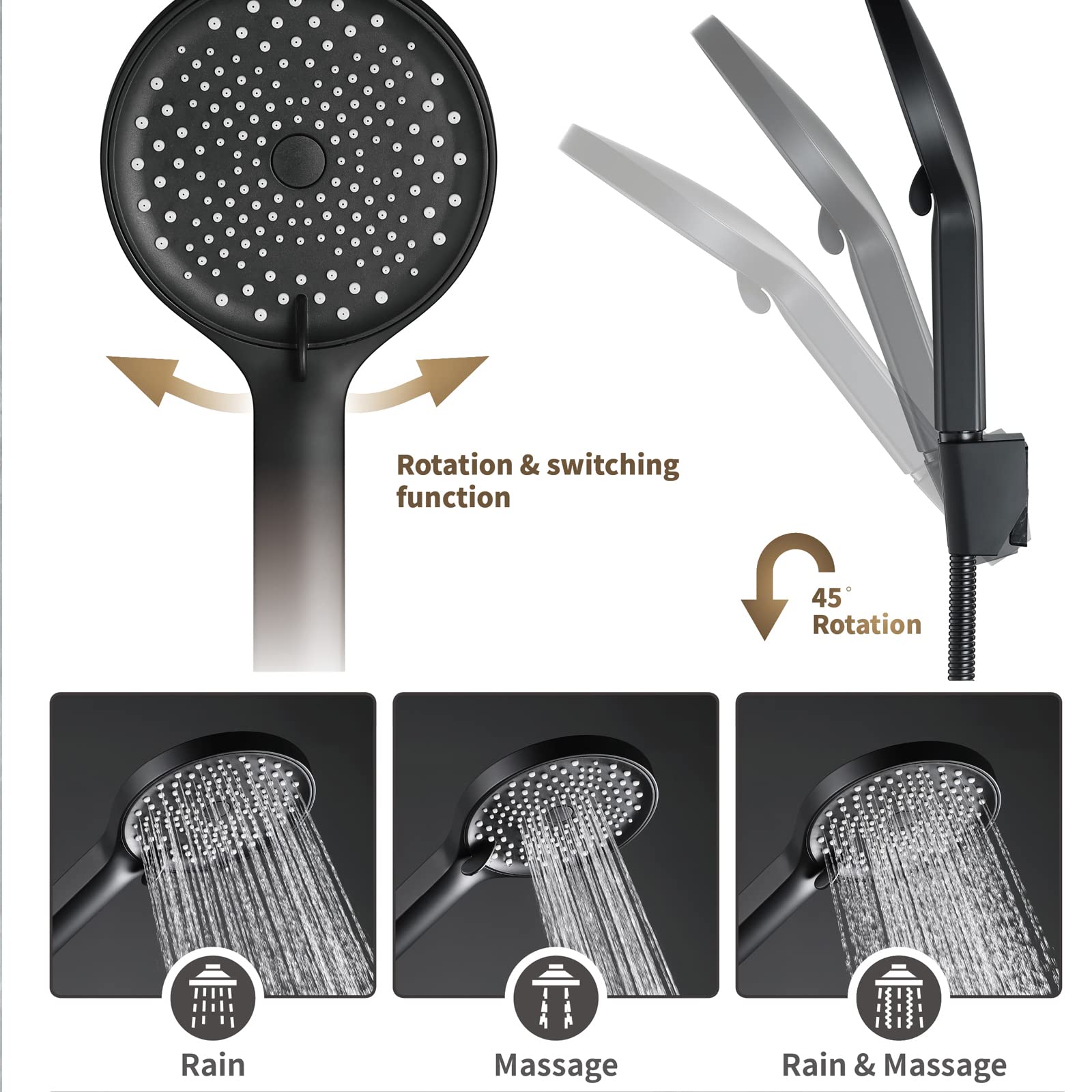 Soffioni Doccia Palmari, Soffione Doccia Ad Alta Pressione A 3 Posizioni con Tubo Flessibile in Acciaio Inossidabile da 59 Pollici, Soffione Doccia Rimovibile in ABS con Staffa,Nero