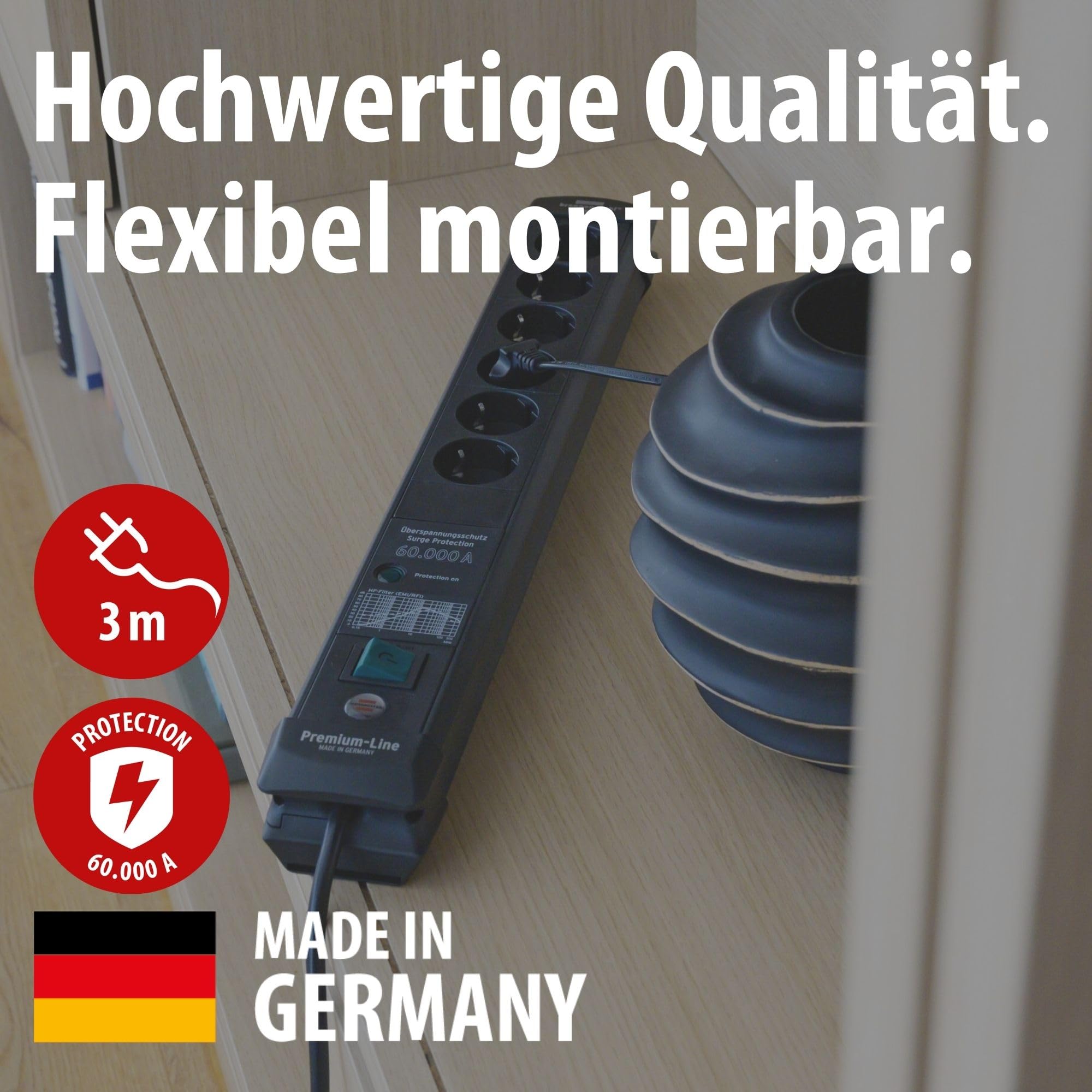 Brennenstuhl Premium-Line Steckdosenleiste 6-Fach mit Überspannungsschutz | Bis zu 60.000A, Mehrfachsteckdose mit Schalter und 3m Kabel, Steckdosenleiste Wandmontage, Made in Germany, schwarz