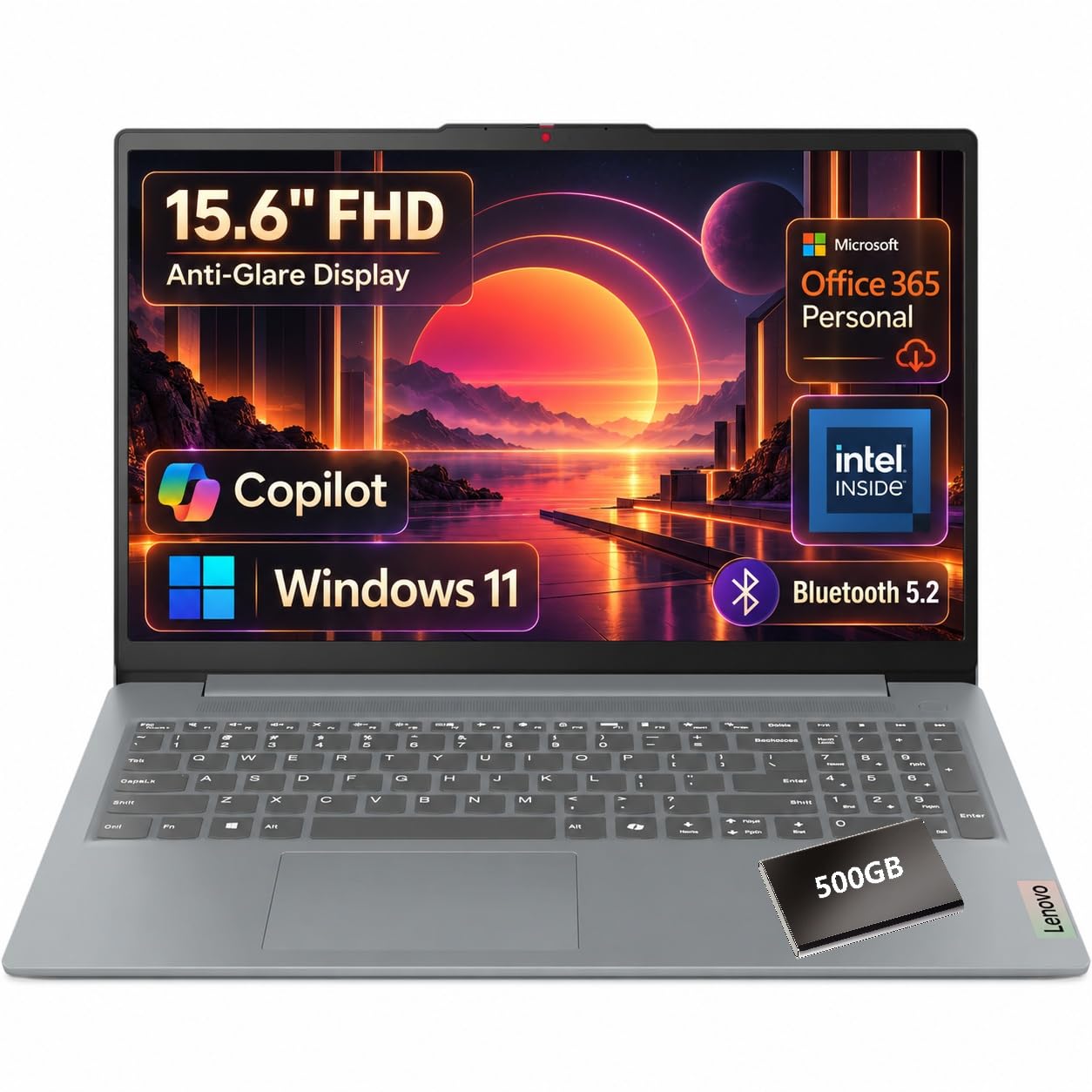 Lenovo Laptop 2026, 15.6” FHD, Office 365, 8GB DDR5, 128G UFS, Intel CPU | 500GB Ext HDD, Windows 11 Home, AI Copilot, WiFi 6 & Bluetooth,USB-C, Lightweight & All-day Power for Business & Students