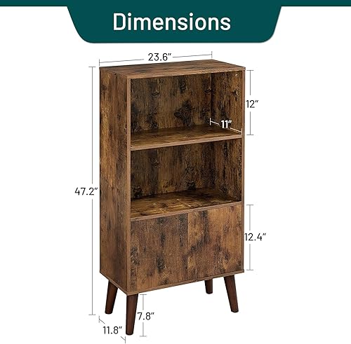 Miniatura 2 de Wonder Comfort Estantería de madera de 3 niveles con 1 puerta y 2 estantes abiertos, estantería marrón rústico de mediados de siglo para libros y