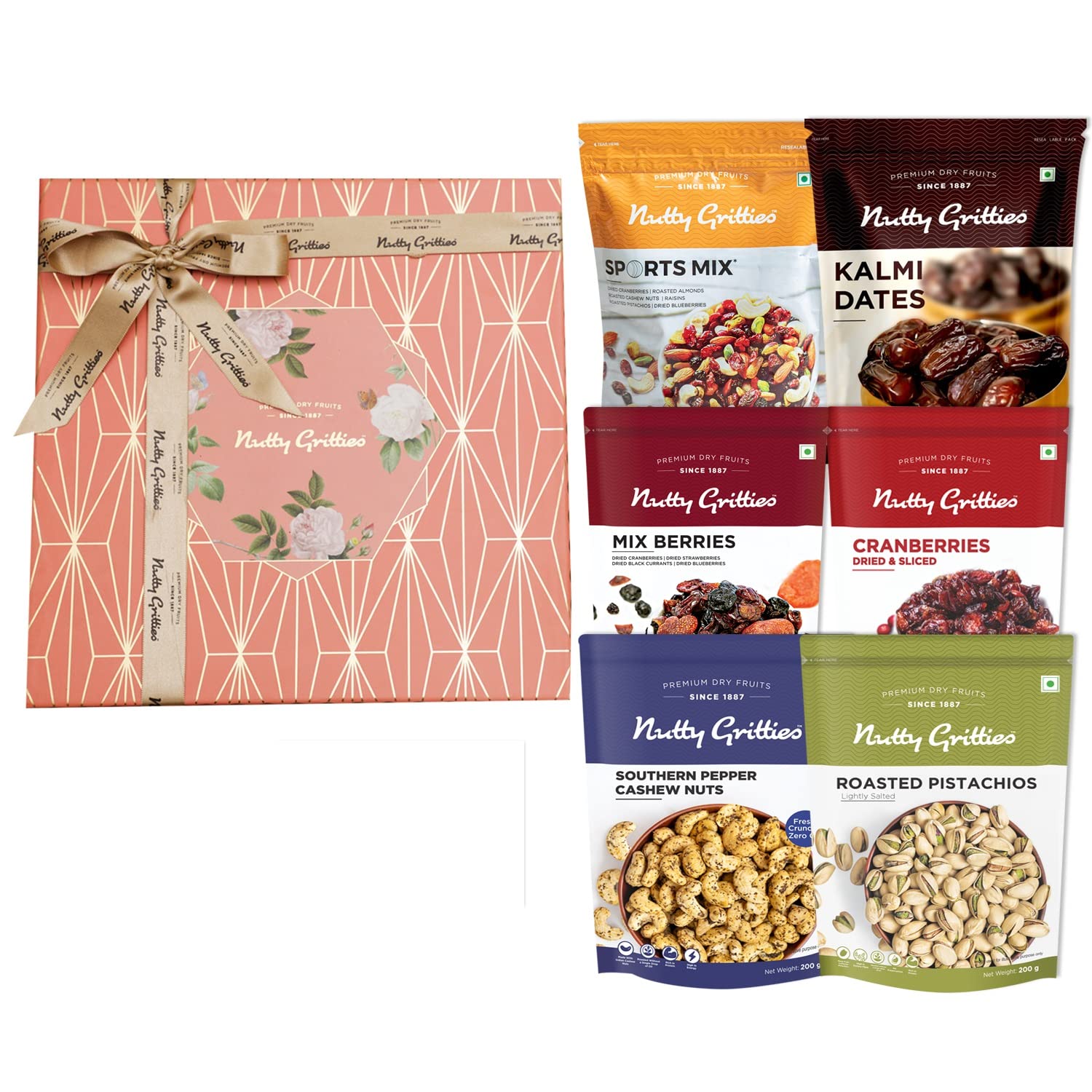 Nutty Gritties Dry Fruits Gift Box 1.5kg | Sports Mix & Kalmi Dates (Each 350g) | Mix Berries, US Cranberries, Roasted Pistachios, Southern Pepper Cashews | Gourmet Gift for Family & Corporate Gifting