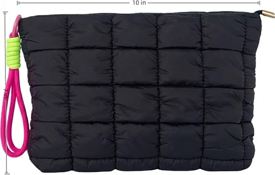 Black Puffer Quilted Makeup Bag for Women with Wrist Straps - 10