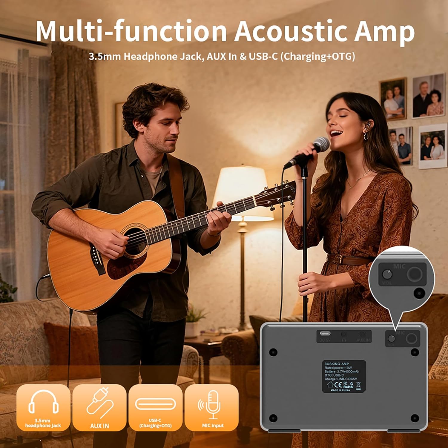 EROK Acoustic Guitar Amp - Portable 2-in-1 Amplifier for Vocal & Guitar with Digital Delay/Reverb Effects, Headphone Output & OTG Recording, Mini Amp for Practice/Travel - Image 5