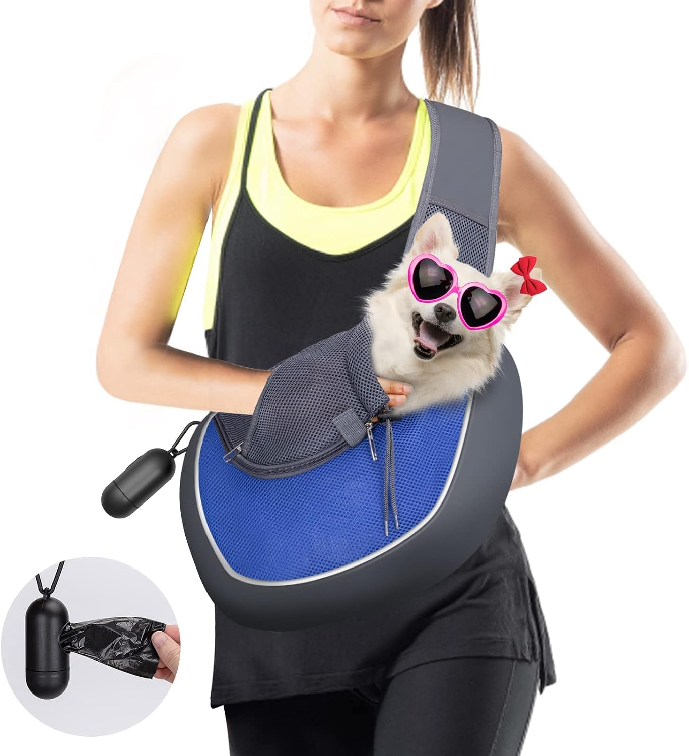 Nobleza Dog Sling Carrier, Mesh Adjustable Pet Sling Hand Free Puppy Sling Carrier for Small Medium Dog Cat Rabbit (L (up to 10 lbs), Blue)