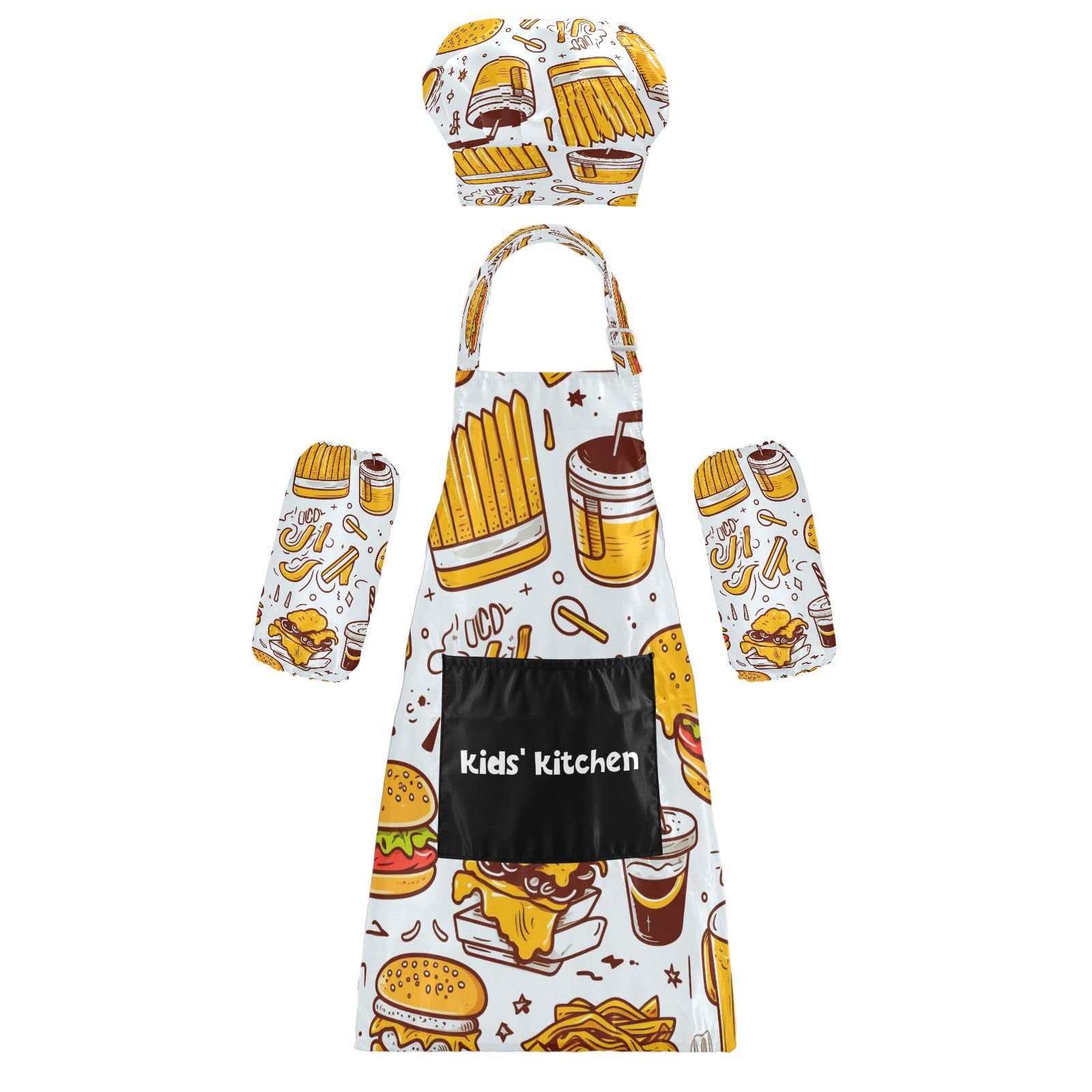 Bulletgxll Cartoon Food Kids Apron and Chef Hat Set Adjustable Bib Aprons with Pockets for Cooking Baking Painting