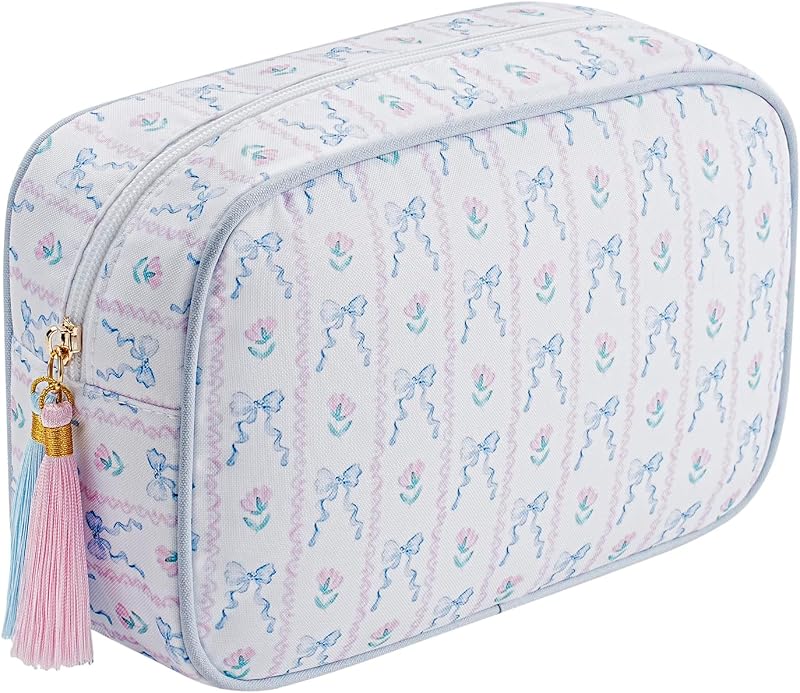Necessaire de maquiagem listrada RSRSLEII com zíper e estampa de laço, 1 unidade