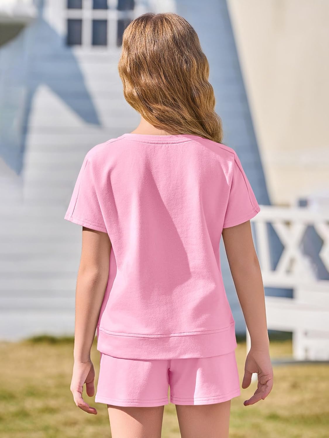 Haloumoning Girls 2 Piece Summer Outfits Kids Short Sleeve T-Shirts and Elastic Waist Shorts Clothing Sets Pink 9-10 Years image 4 of 4 B0DP719569