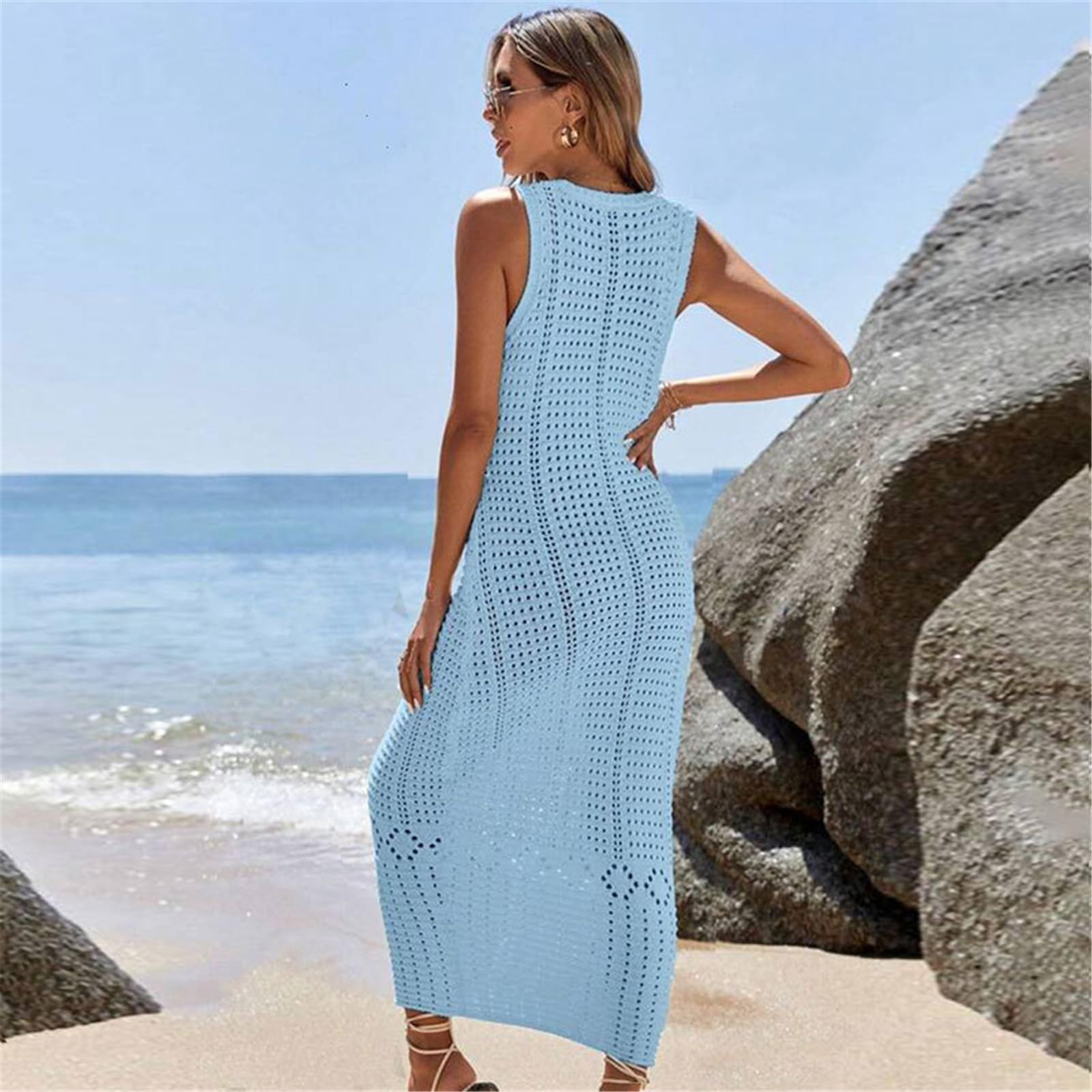 Elegante abito lungo in maglia scavata per costumi da bagno Beach Coverup Dress Comodo per feste in piscina e vacanze al mare