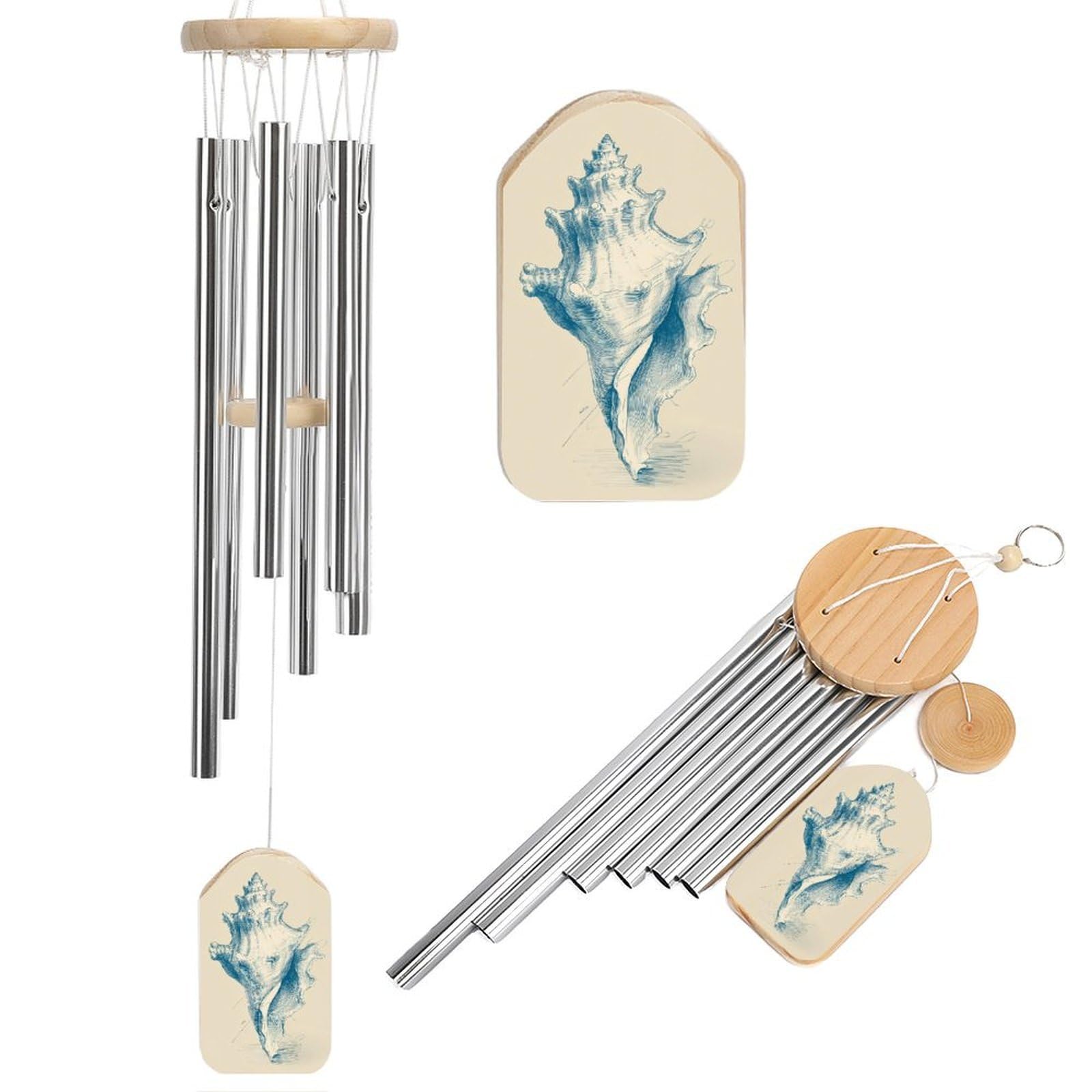 Seashell in Soft Pastel Blue Linework Wind Chimes Memorial Deep Tone Windchime with 6 Aluminum Tubes Outdoor Backyard Garden Decoration
