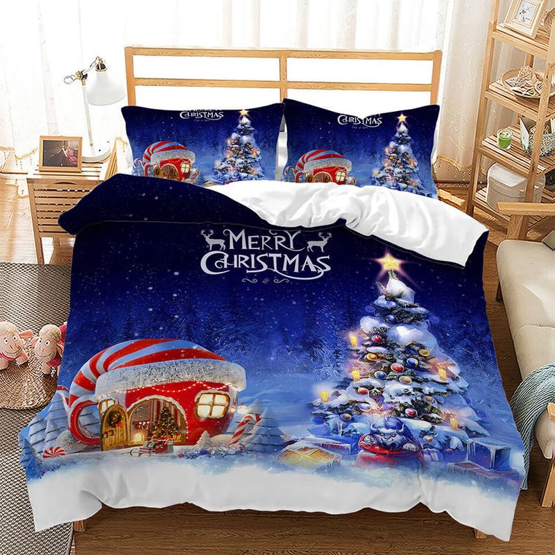 Housse de couette 220x240 sapin de Noël bleu avec 2 taies pour lit double
