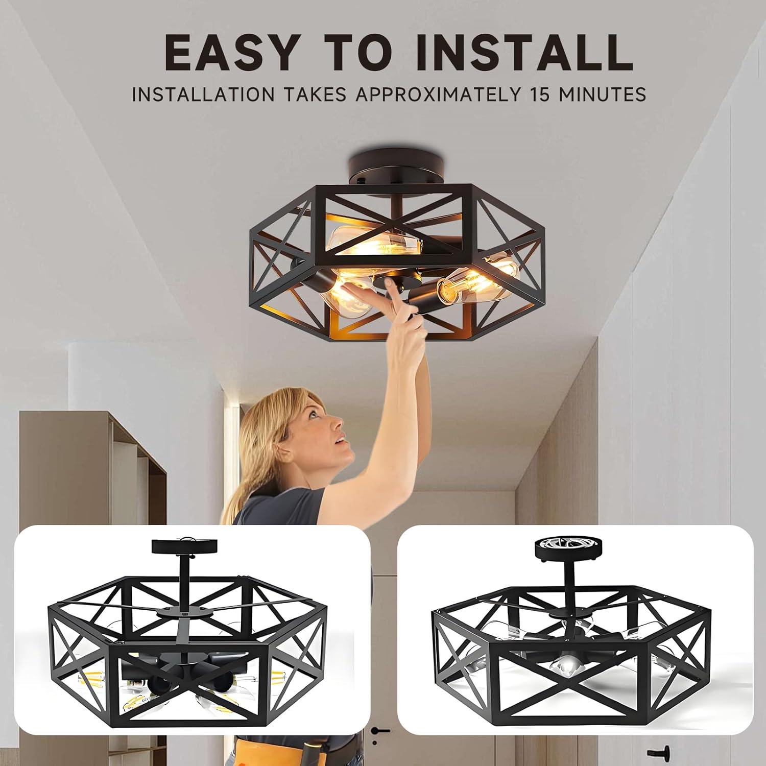 Gugxiom 3 Light Semi Flush Mount Ceiling Light, Modern Farmhouse Living Room Light Fixture, Black Light Fixture, Modern Metal Hexagon Cage Ceiling Lamp for Kitchen Bathroom (3