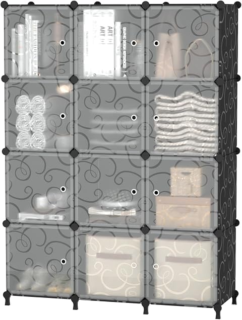 AWTATOS Organizador de Almacenamiento de 12 Cubos con Puertas,Blanco | estante de almacenamiento de plástico, estantería de almacenamiento modular, estante almacenamiento apilable para dormitorio