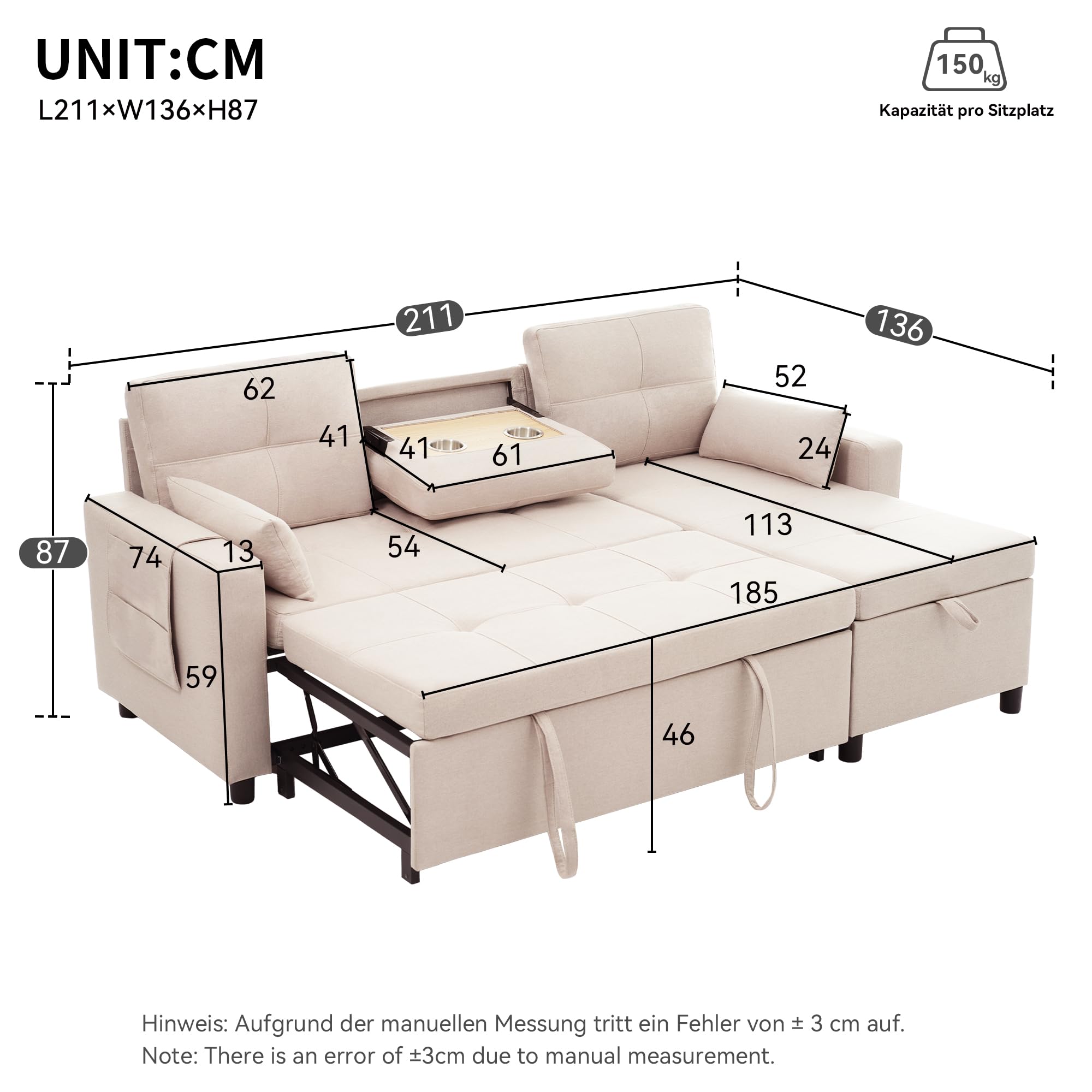 Soweiz Sofá cama modular L-sofá cama extensible con función de dormir equipado con espacio de almacenamiento, soporte para bebidas retráctil, adecuado para sala de estar, cine en casa (beige)