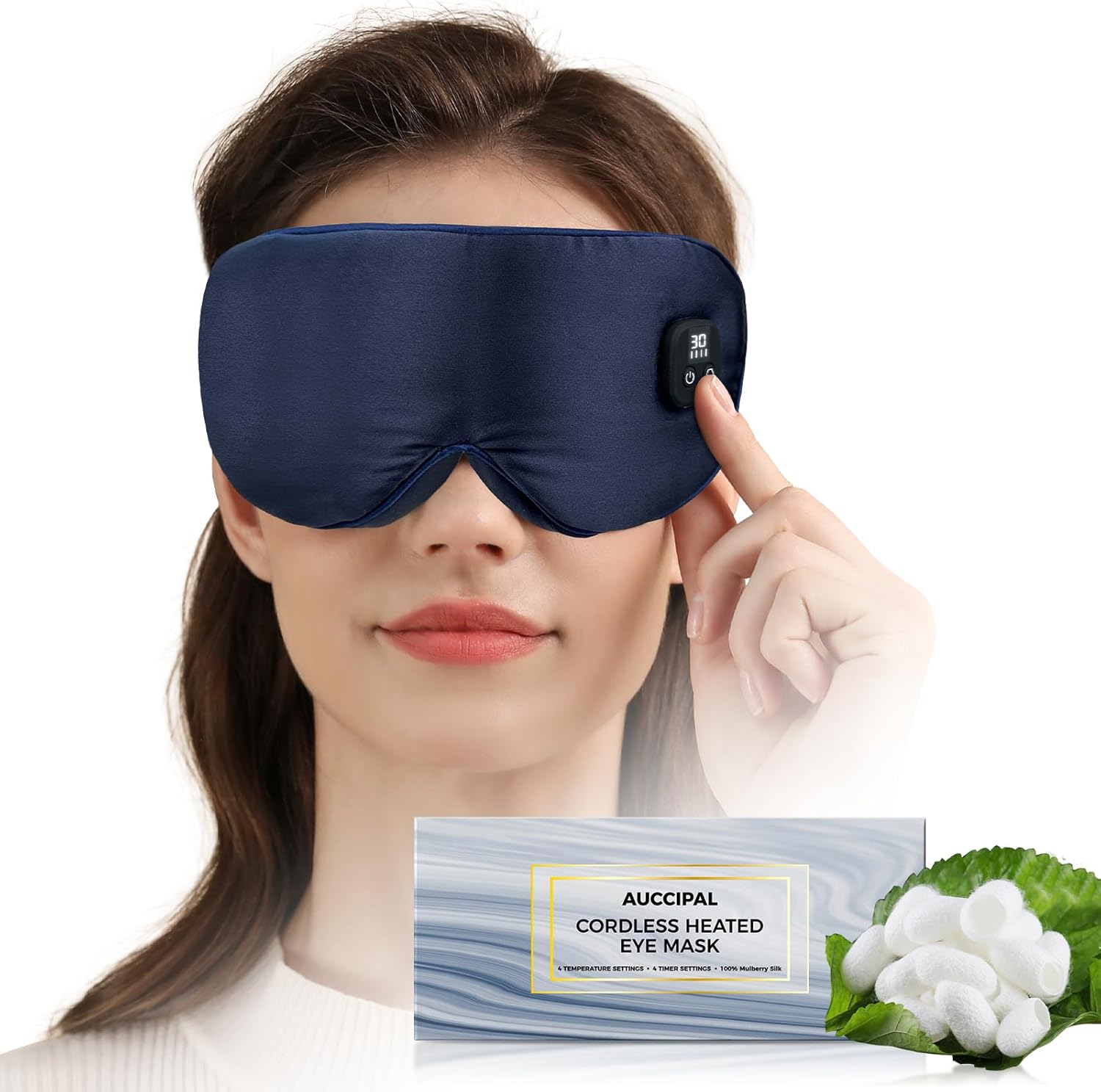 Silk Heated Eye Mask, Cordless Warm Eye Compress for Dry Eyes Styes Blepharitis, Eye Heating Pad with 4-Level Temperature & 4-Level Timing (Navy Blue)