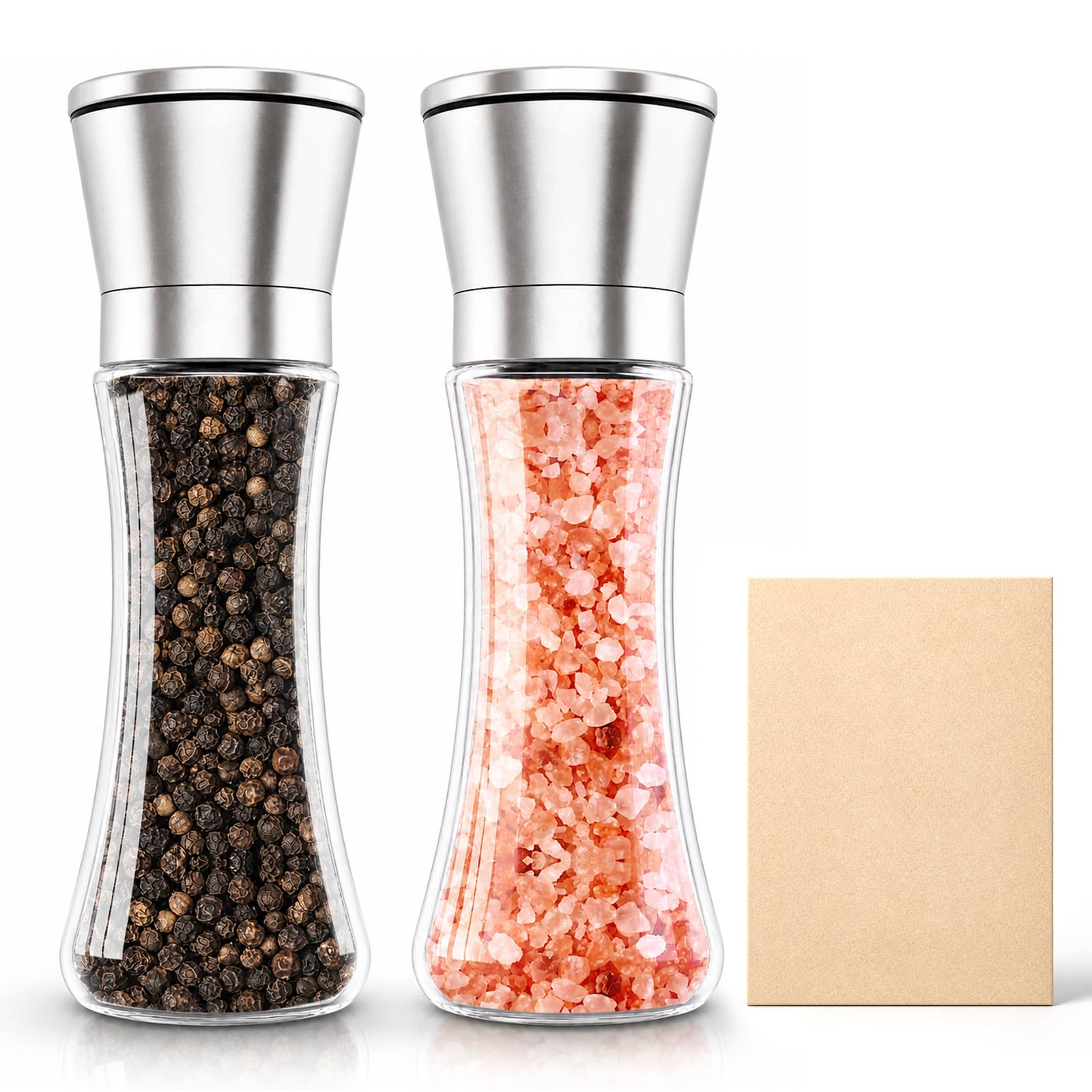 Salt and Pepper Grinder Manual Condiment Set Glass Body Salt and Pepper Mills Condiment Set Stainless Steel Refillable Adjustable Coarseness for Peppercorn Sea Salt