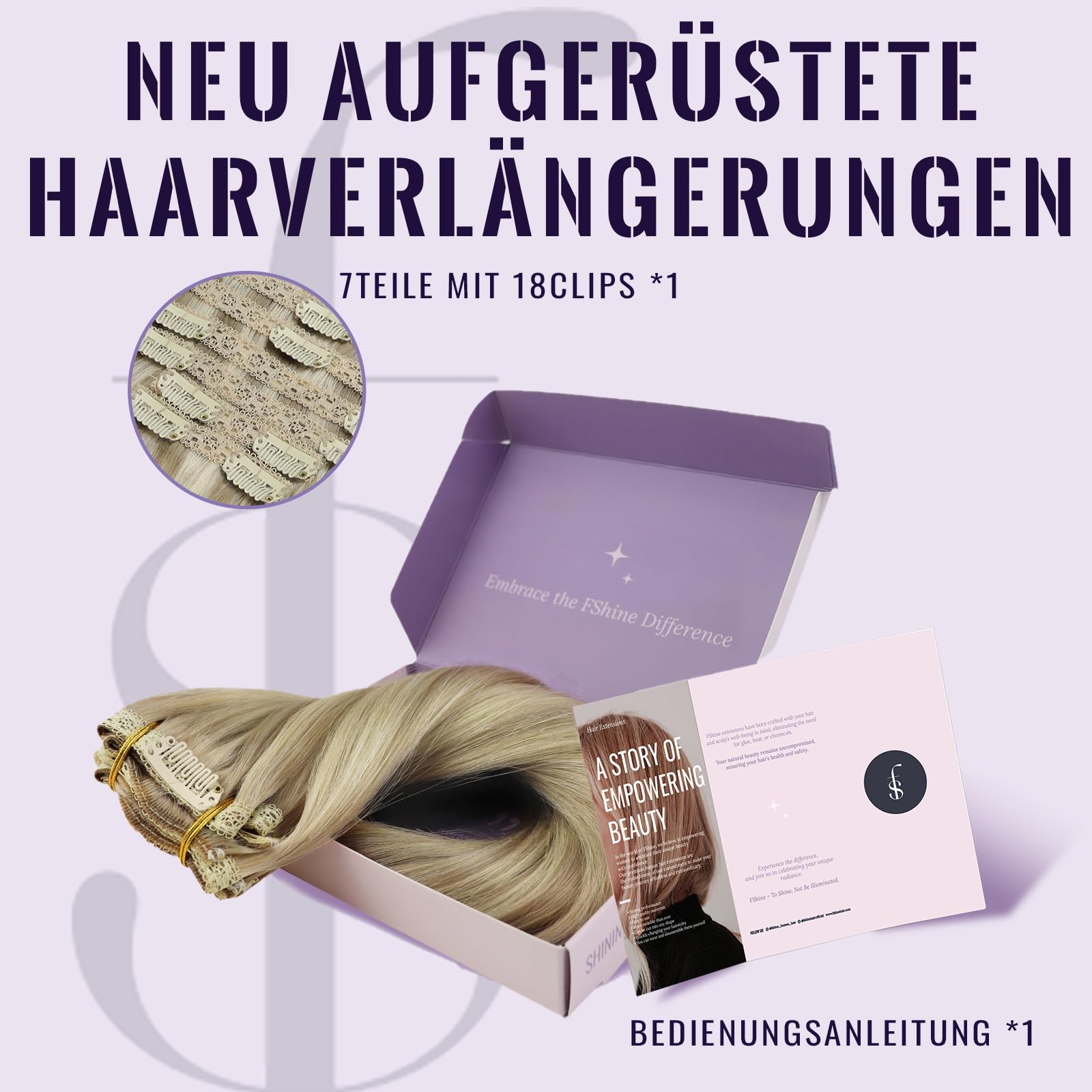 Fshine Unsichtbar Clip in Extensions Echthaar 45 cm, 7 Stücke 120 g, Aschblond mit goldblonden Strähnen, Hair Extensions Clip in, Farbe 16P22 - 3