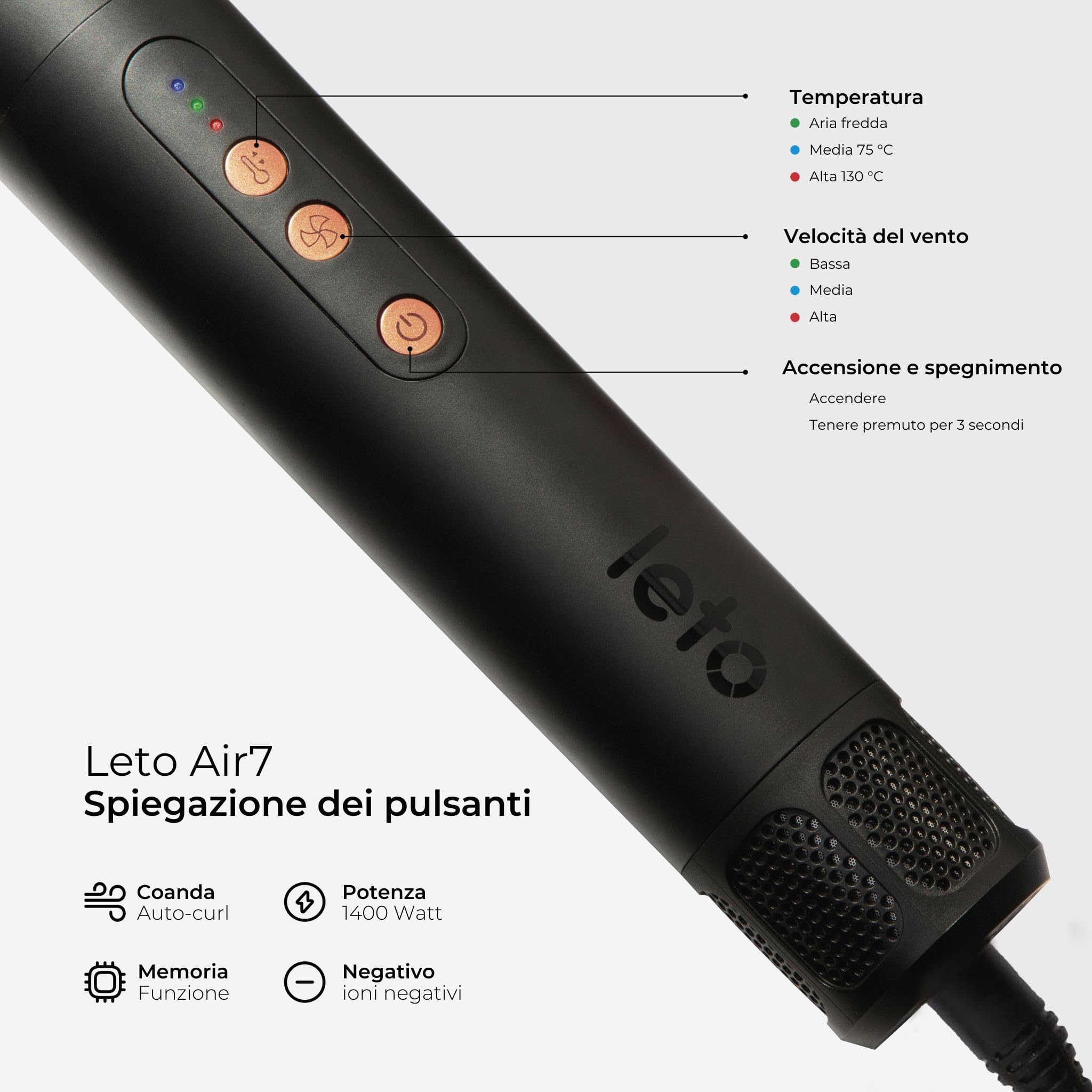 Leto 7in1 Spazzola ad aria calda e asciugacapelli – spazzola rotonda, ferro arricciacapelli, piastra, diffusore, concentratore, Coanda, ioni, 1400W