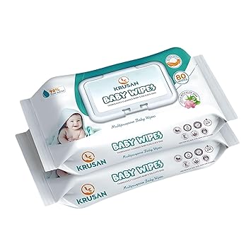 Krusan Baby Wipes with Lid, Hypoallergenic Wet Wipes for Newborn Baby, Alcohol-Free with Aloe Vera & Vitamin E, Non-Toxic Diaper Wipes for Sensitive Skin, 160 Wipes (2-Pack)