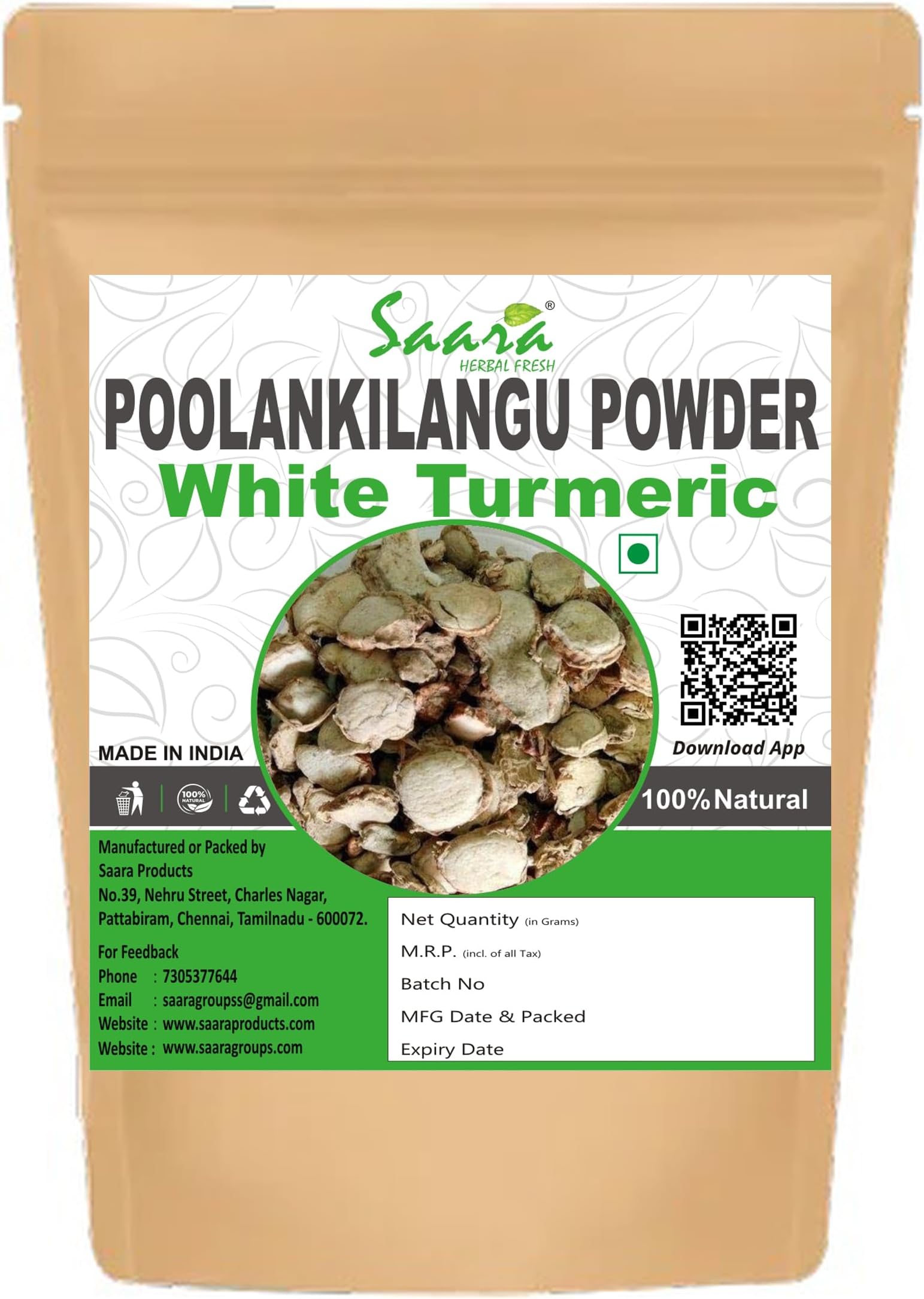 Poolankilangu Powder,100g, White Turmeric, Kachur, Kichili Kilangu Powder for Skin Care (Pack of 1 X 100g)