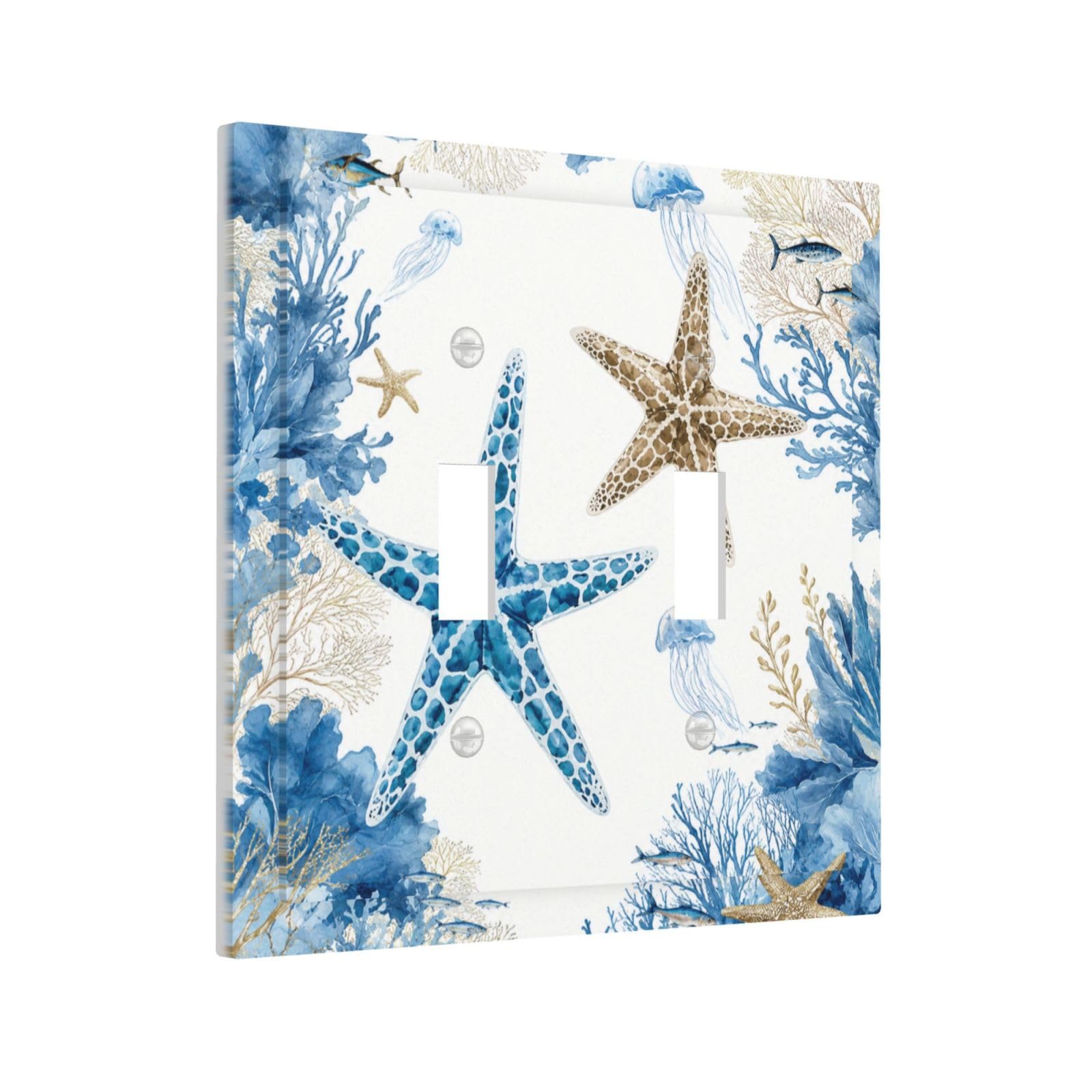Yamxbfa Decorative Light Switch Cover Plate Blue Starfish Coral Reef Jellyfish Fish Coasta 2 Gang Outlet Covers Double Toggle Wall Plates Electrical Switch Plate Covers Faceplate for Bathroom Decor